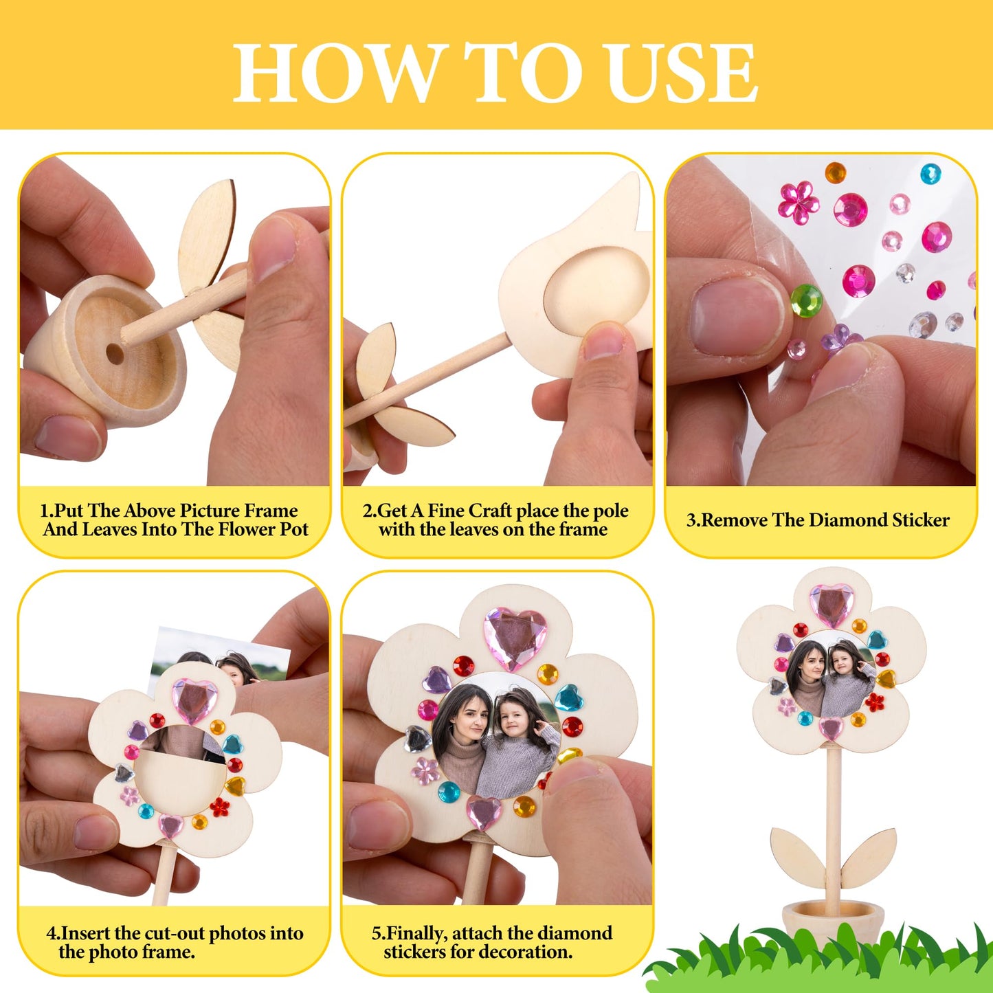 14 Sets DIY Paintable Wood Flowers Photo Holders, Mother's Day Crafts Wooden Flower Picture Frames, Spring Flower Pot Unfinished Wood Ornament with Gems Stickers for Painting Mothers Day Birthday Gift