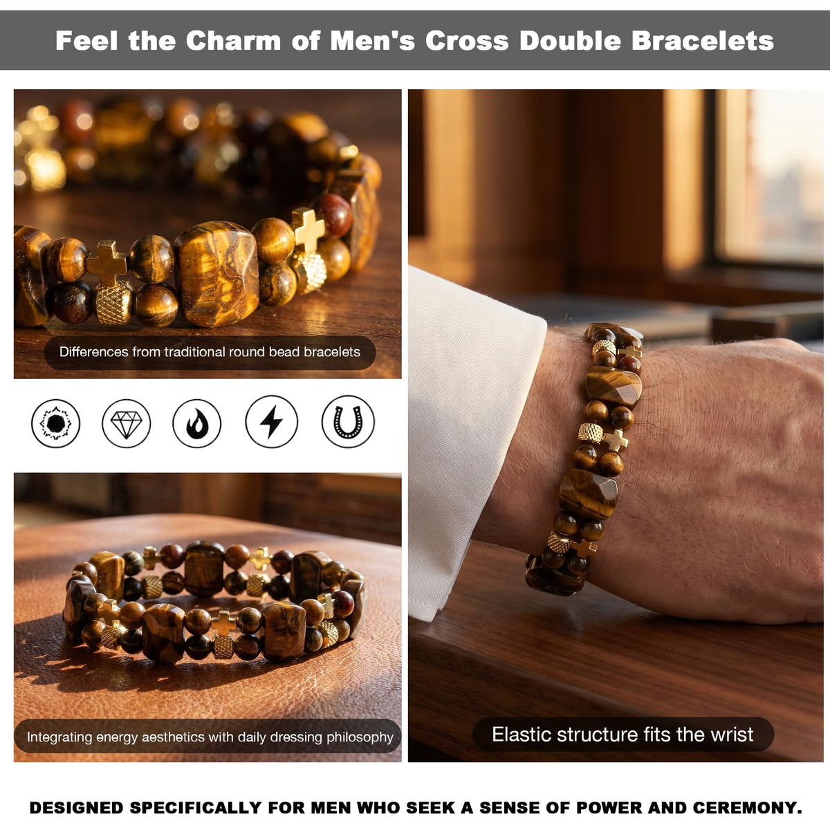 Christian Gifts for Men, Jesus Cross Bracelet for Men Handmade Double Elastic Beaded Bracelets Natural Crystal Gemstone Religious Jewelry for Boyfriend Husband Birthday Anniversary (Tigers Eye)