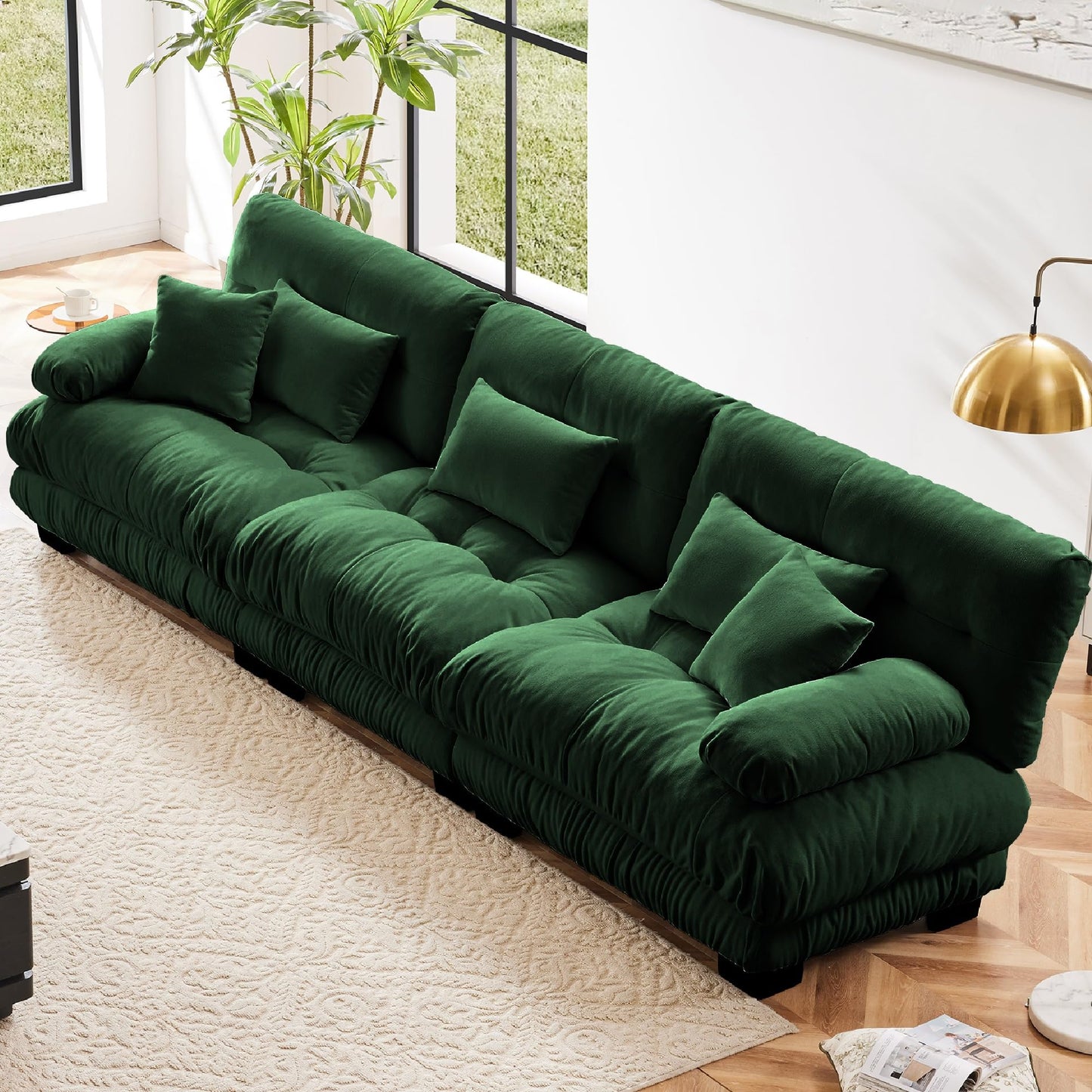 KEIKI 133" Sectional Sofa with Removable Ottomans, Comfy 3 Seat Sleeper Cloud Couch Set, Chenille Upholstered Modular SofaBed for Apartment Living Room, Throw Pillows, Dark Green