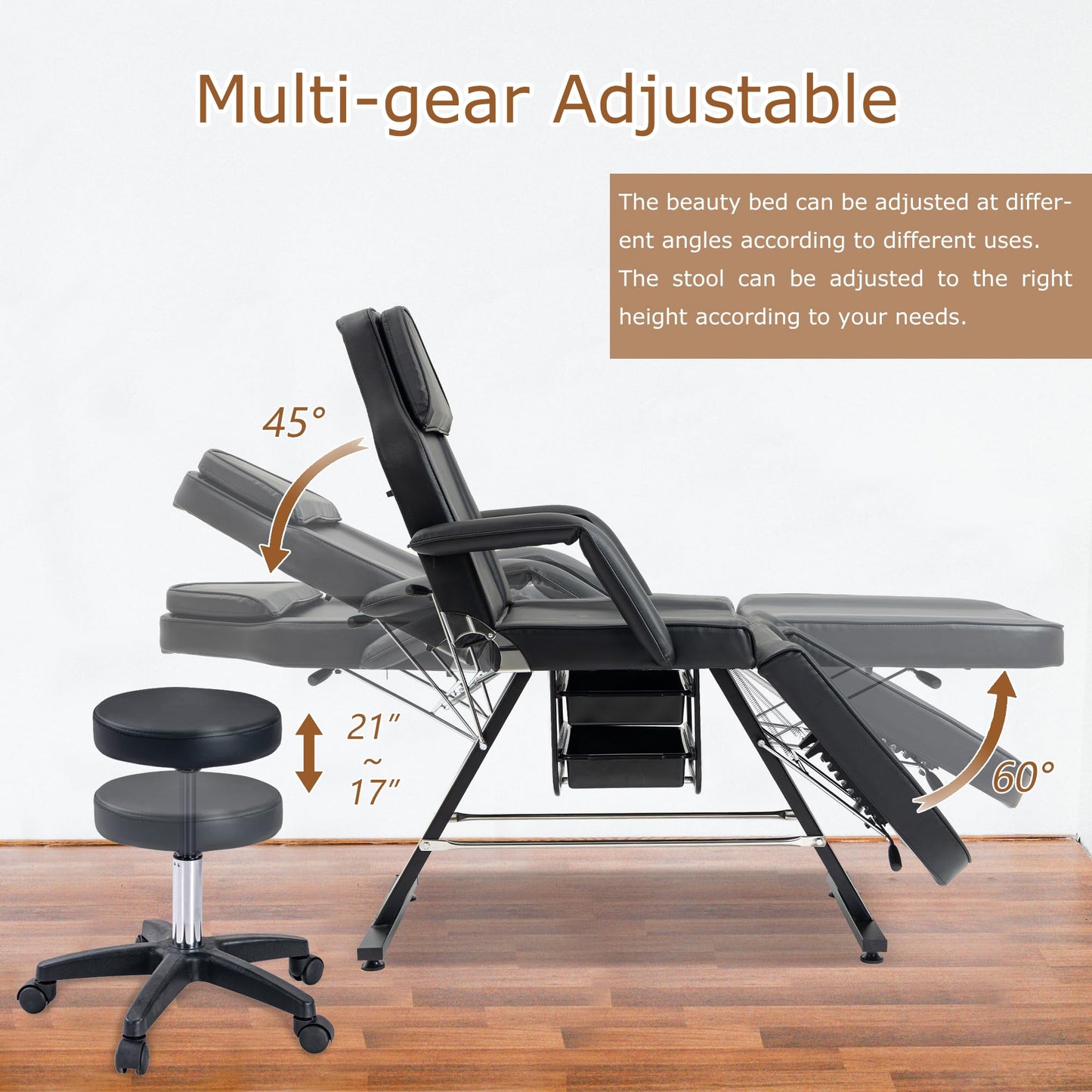 VroomAuto Professional 3-Section Hydraulic Facial Bed & Massage Chair with Stool, Adjustable Esthetician Table for Spa, Tattoo, Beauty Salon, Black