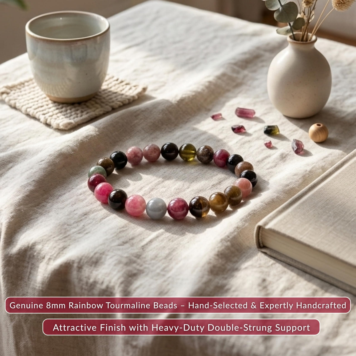 Cherry Tree Collection Rainbow Tourmaline Beaded Bracelet – Genuine 8mm Gemstone Stretch Bracelet for Men & Women – Handmade Crystal Bracelet - (Rainbow Tourmaline - S)