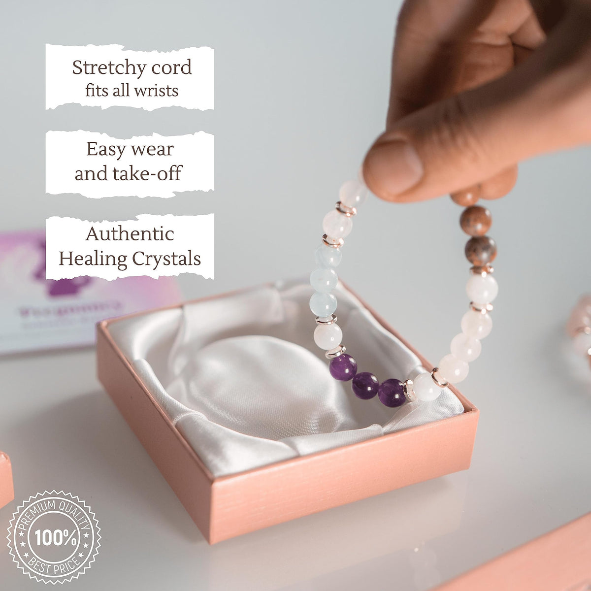Mother's Ray Pregnancy Bracelet With Healing Crystals - Pregnancy Crystals - Moonstone Amethyst - 8mm Beads - Stretchy Cord - One Size Fits All - Congrats On Pregnancy Gifts Baby Shower