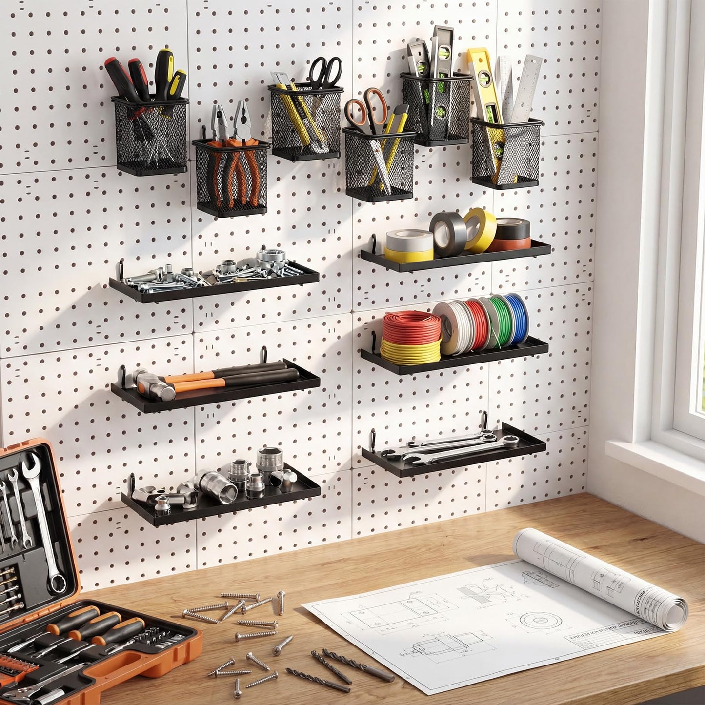 Tosstuki 12 Pack Pegboard Organizer Accessories - 6 Pegboard Cups Pencil Holder Peg Board - 6 Shelves Metal Shelf Brackets - Tools Storage Arrange System Kit for Office Garage Room