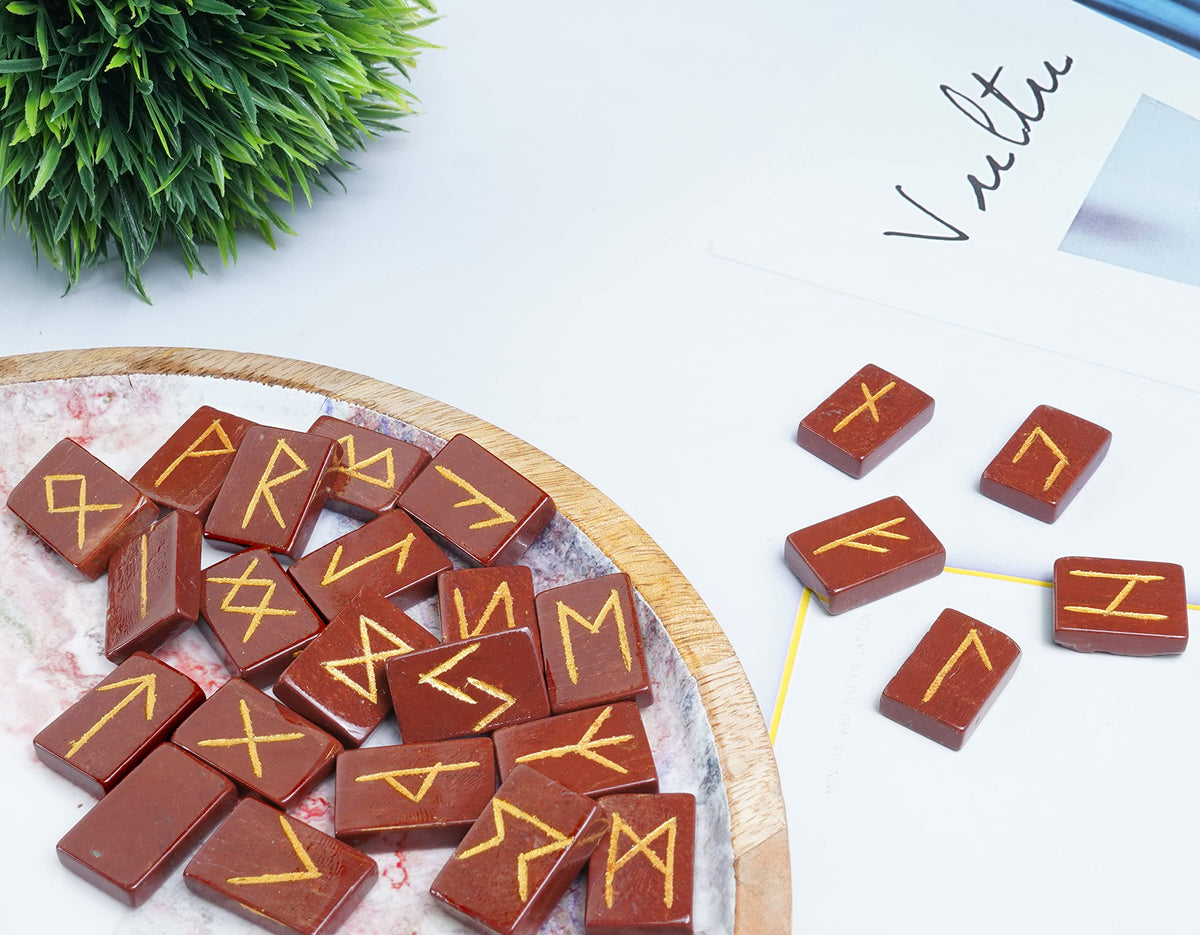 Crocon Red Jasper Rectangle Shape Gemstone Runes with Elder Futhark Alphabet Engraved 25 pcs Rune Set Crystal Divination Metaphysical Healing Balancing Chakra Reiki Runes with a Pouch| Size : 20-25mm