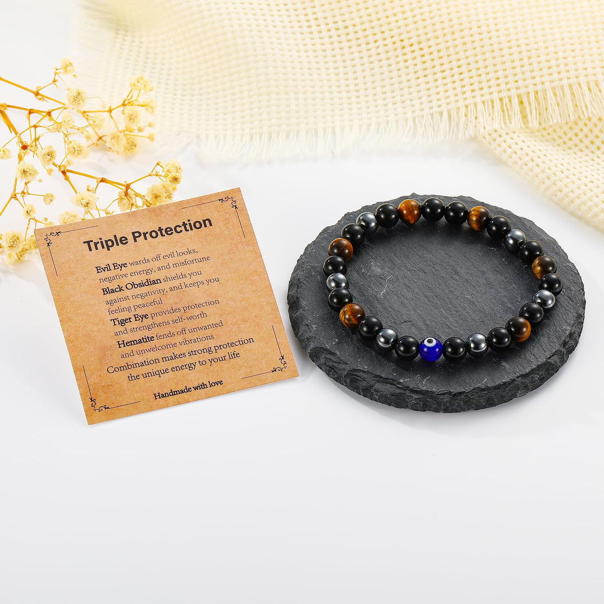 Gnamy Triple Protection Beaded Bracelet Gifts for Men, Tiger Eye Hematite Black Obsidian Evil Eye Bracelets Christmas Birthday Valentines Anniversary Healing Sobriety Jewelry Gifts for Husband Dad Boyfriend Brother Him