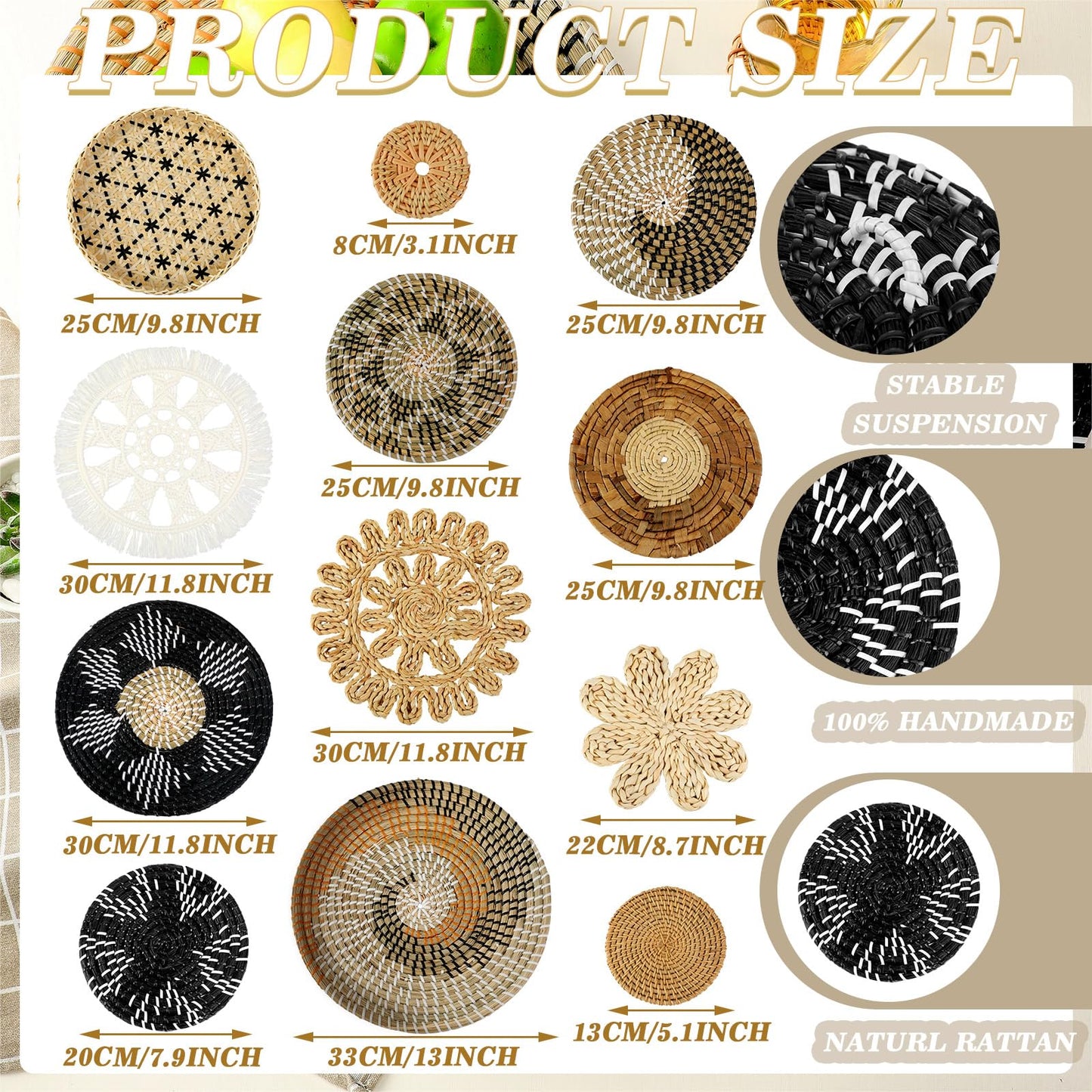 Xuhal 15 Pcs Boho Wall Basket Decor Handcrafted Seagrass Woven Wall Basket Rustic Round Woven Hanging Art for Home Farmhouse Kitchen Table Living Room(Stylish Style)