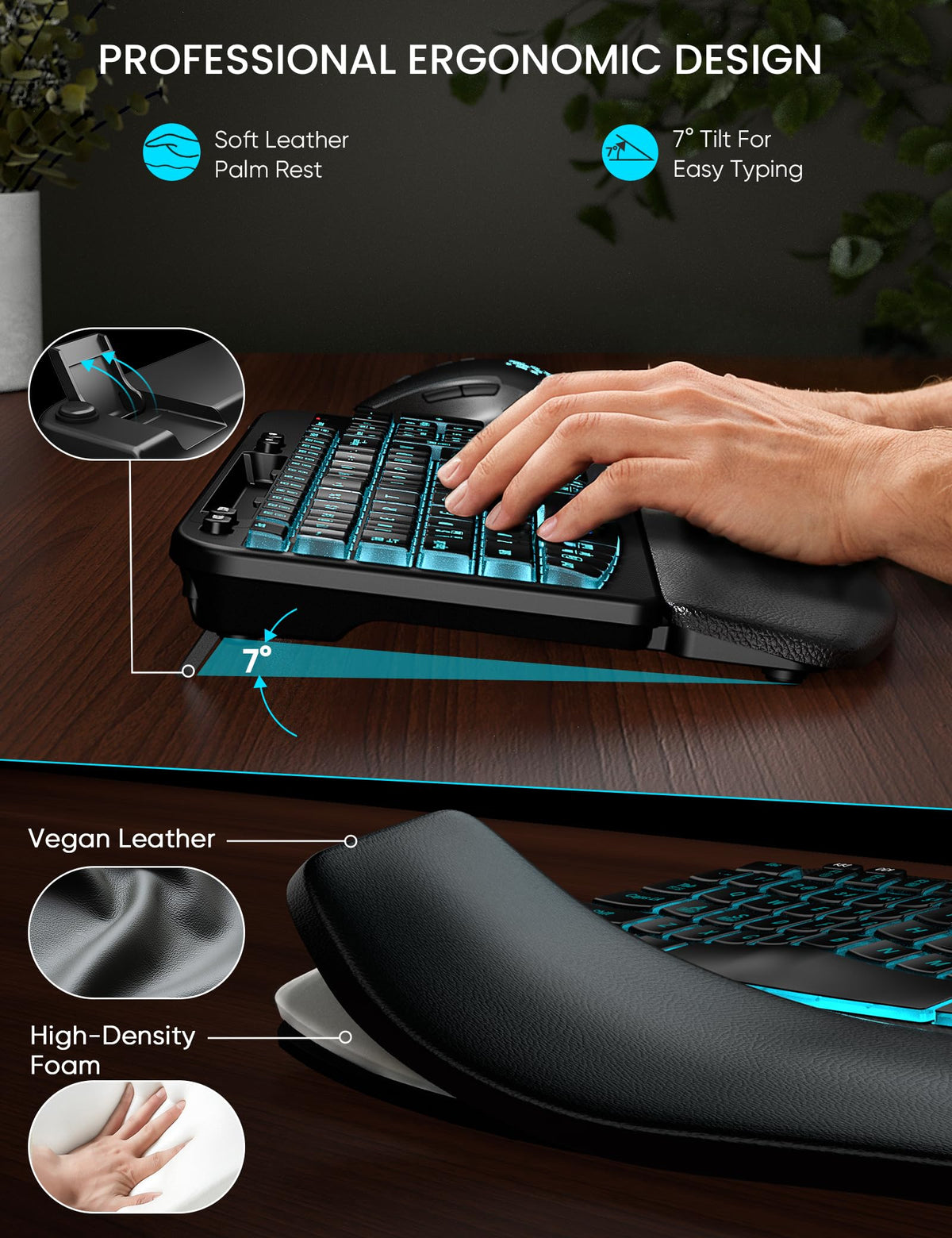 SABLUTE MA22 Pro Wireless Keyboard and Mouse Combo - Ergonomic Wave Keyboard with Soft Leather Wrist Rest, Phone Holder, Rechargeable, RGB Backlit Mouse, Full-Size Set for Windows/Mac/Computer