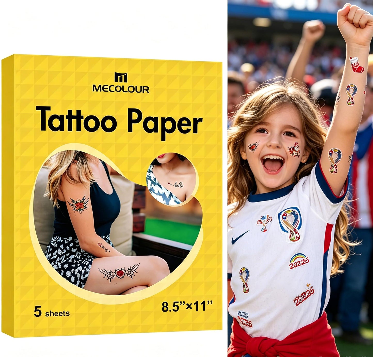 MECOLOUR Printable Temporary Tattoo Paper 8.5"X11"-5 Sets for Inkjet printer DIY Image Transfer Decal Paper for Skin, For Halloween, Celebrate Festivals, Parties, Birthday Bashes,New Year
