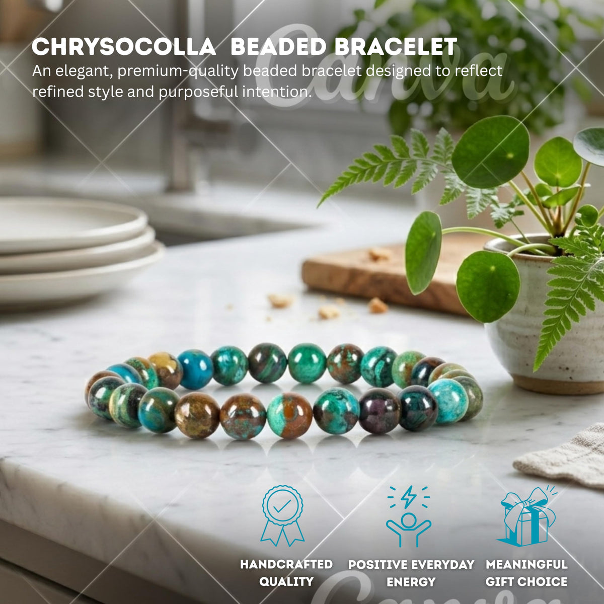 Cherry Tree Collection Chrysocolla Beaded Bracelet – Genuine 8mm Gemstone Stretch Bracelet for Men & Women – Handmade Crystal Bracelet - (Chrysocolla - M)