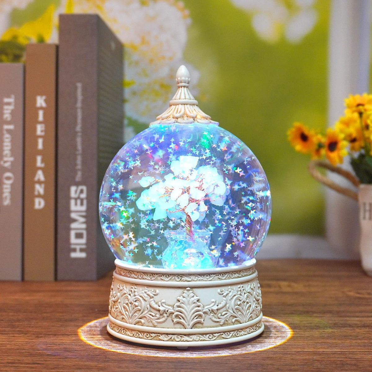 Aquamarine Healing Crystal Tree Globe with Colorful Lights and Sparkling Glitter, Natural Gemstone Base, Spiritual Meditation, Positive Energy Good Luck, Home Decor, Birthday Gifts (Aquamarine)