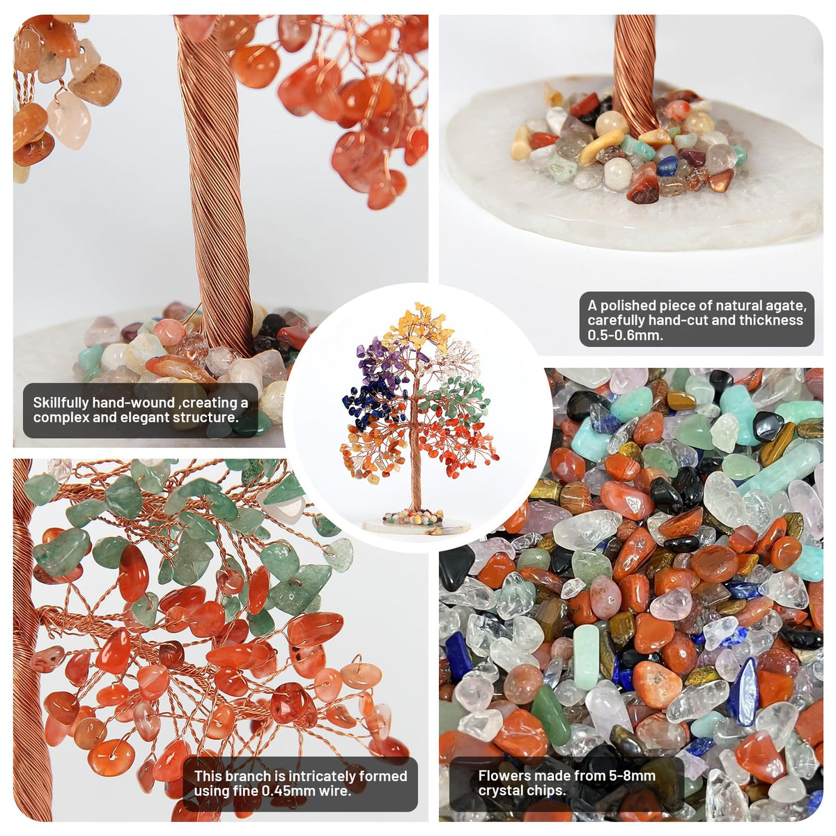7 Chakra Healing Crystal Tree with Agate Slice Base- 8 Inch High Large Crystal Tree of Life for Home and Office Decor, Yoga, Meditation, Good Luck, Witchcraft, Positive Energy Handmade Birthday Gift