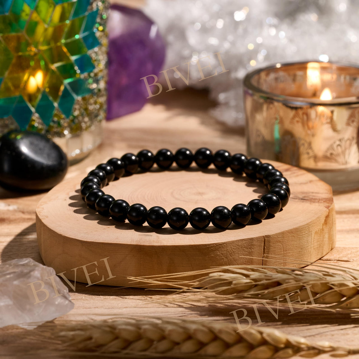 Bivei Black Obsidian - Strength - 6mm Beaded Bracelets for Women Handmade Semi Precious Natural Stone Stretch Elastic Jewelry for Women Yoga Protection Gifts