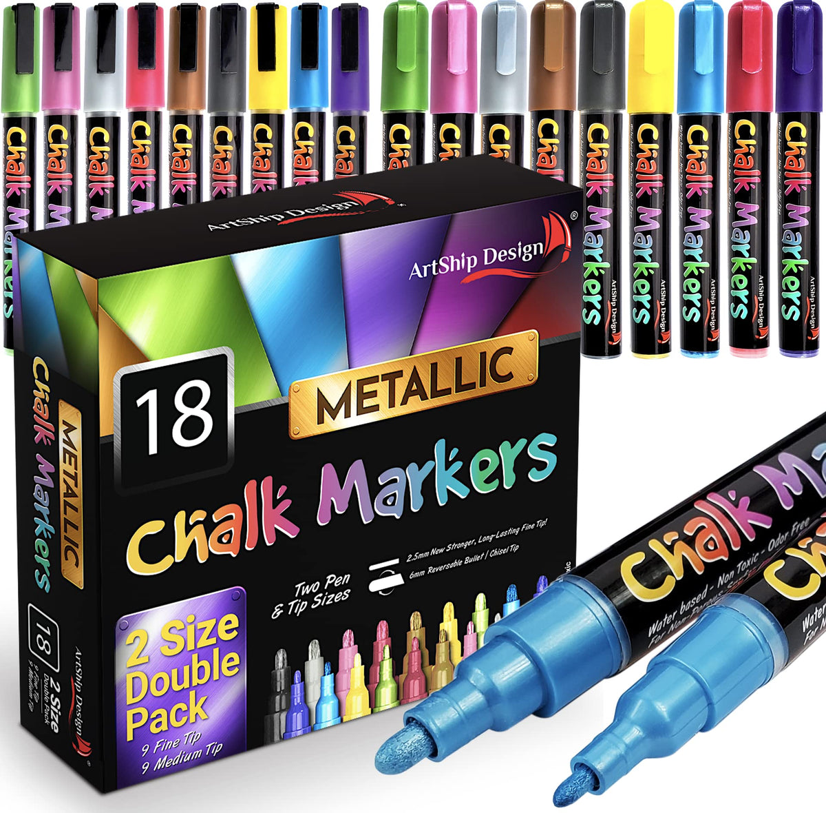 18 Metallic Chalk Markers - Double Pack of Both Fine and Reversible Medium Tip Liquid Chalk Pens Wet Erasable - Menu Boards, Glass, Windows, White Boards, Mirrors, Chalk Boards, Plastic