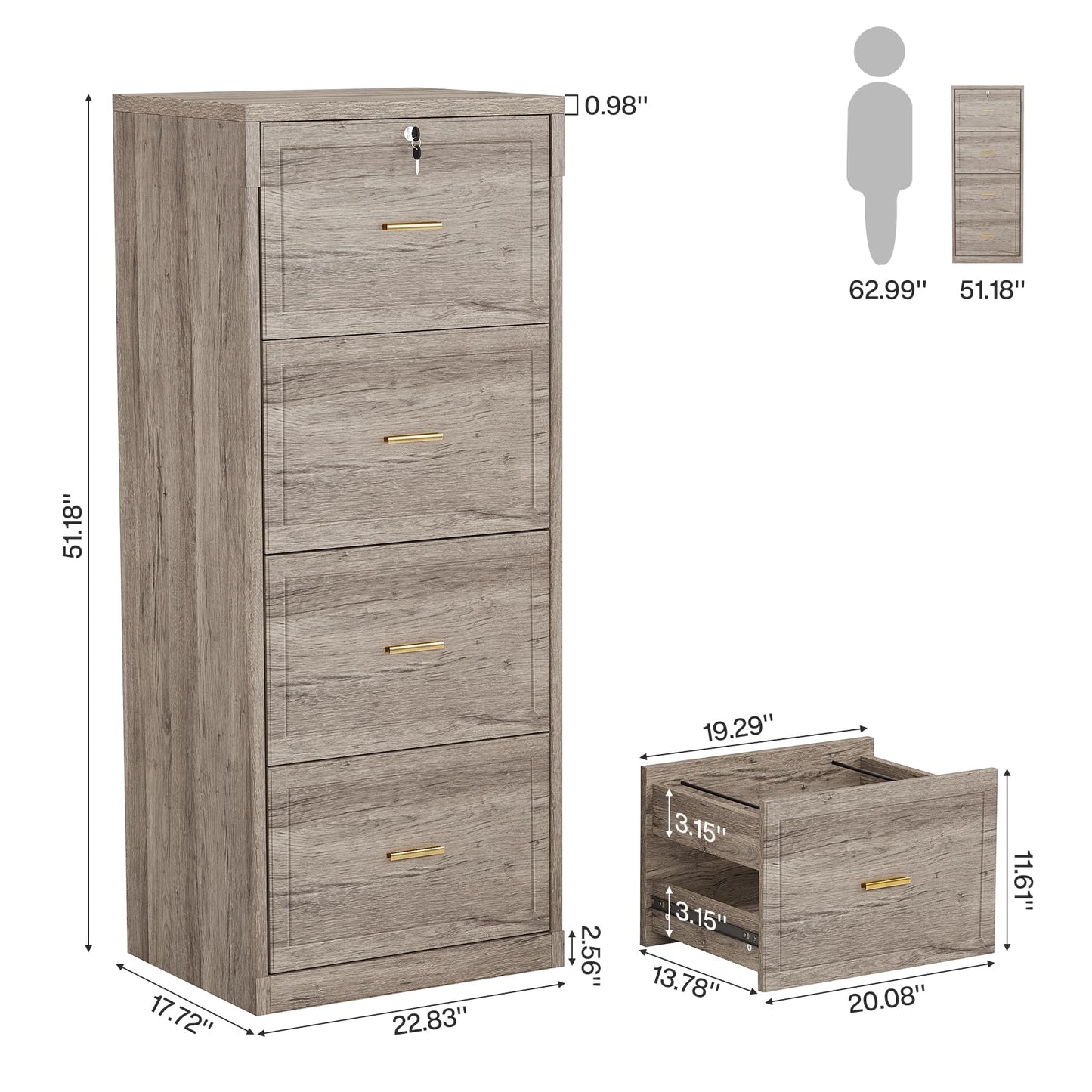 Tribesigns 4-Drawer File Cabinet with Lock, Locked File Cabinet with Key, Tall Wooden Filing Cabinets for Home Office, Vertical Office Storage for Legal Size/Letter/A4/Files, Grey