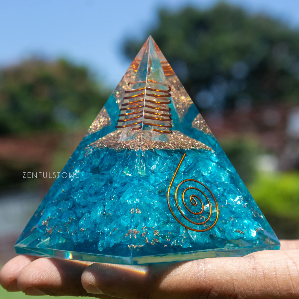 Aquamarine Orgone Pyramid for Joy & Happiness | Orgonite pyramids with Copper Coil and Crystal Quartz for Chakra Protection