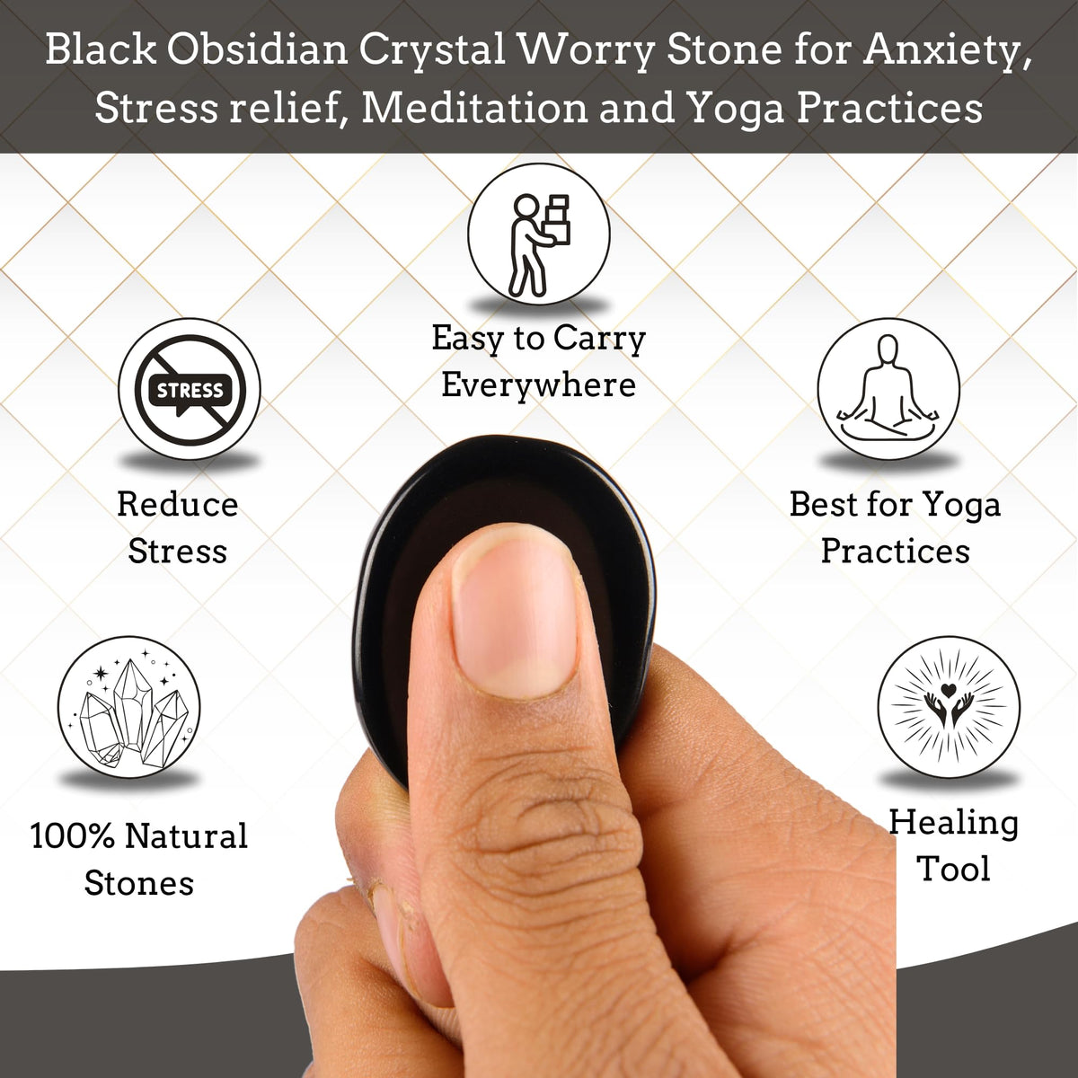Anaya Agate Black Obsidian Worry Stones Certified Crystal Thumb Worry Stone for Anguish, Relaxing and Soothing Balance Stones for Meditation, Stress Relief Crystals and Healing Stones for Men, Women