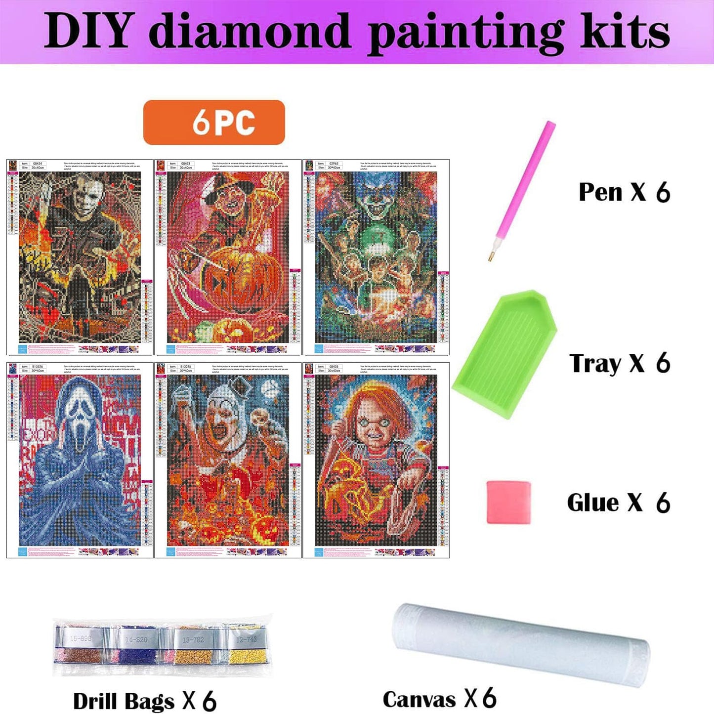 Sretoul 6 Pack Halloween Diamond Art Kits for Adults, Diamond Painting Kit Beginners Halloween, Horror 5D Gem Art for Adults with Round Gem Painting Gift Home Wall Decor 12x16 Inch