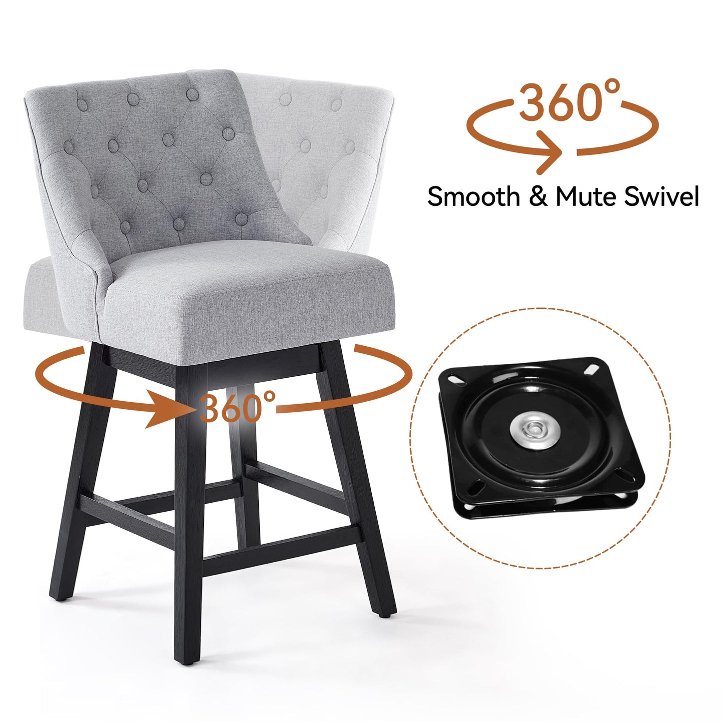 Erdoru Swivel Bar Stools with Backs, 26" Counter Height Bar Stools Set of 3, Modern Linen Fabric Upholstered Counter Height Stools with Solid Wood Legs for Kitchen Island, Dining Space, Light Grey