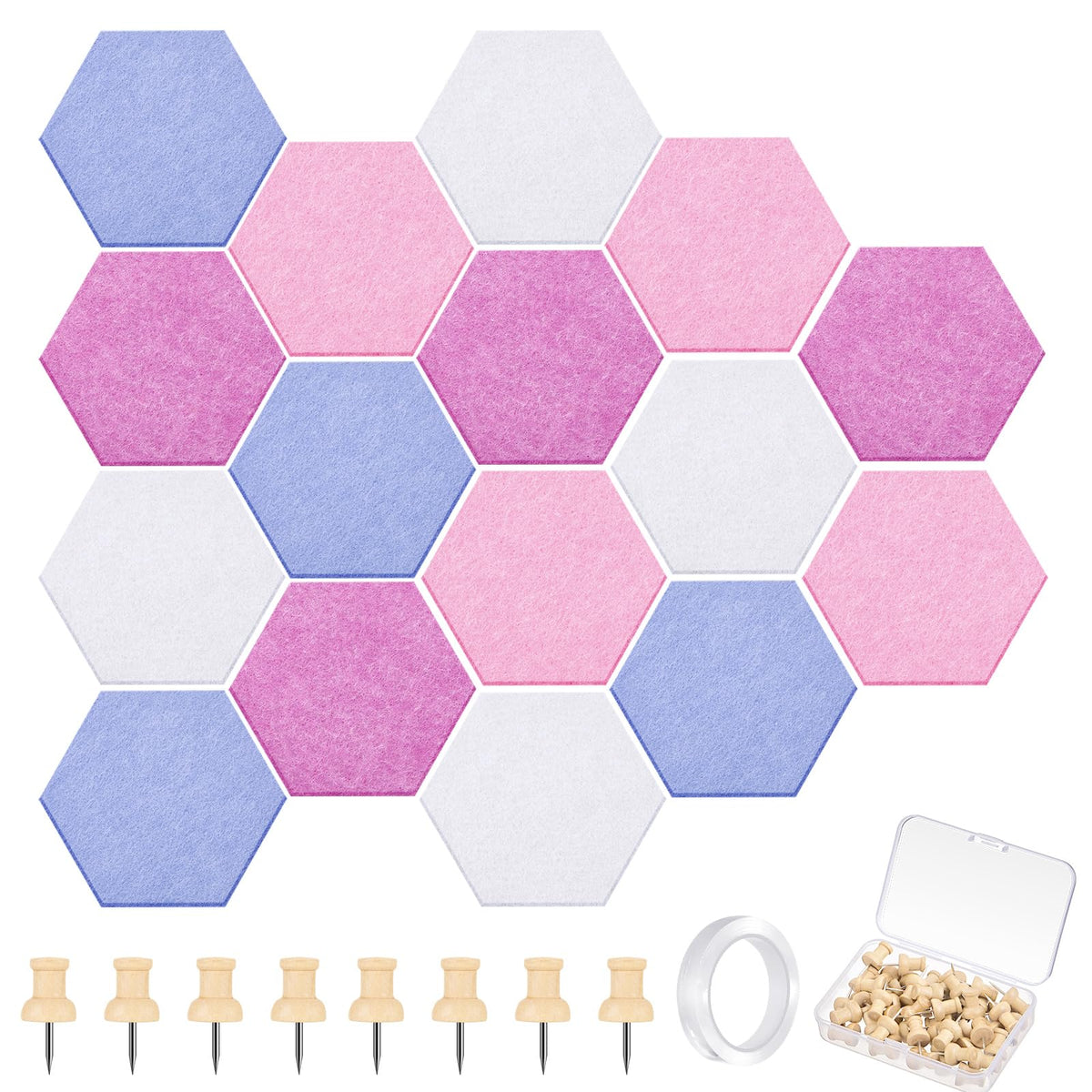 Mindsoft 16 Pcs Hexagon Cork Board for Walls with 50 Wooden Push Pins 6.7 x 5.9 in Felt DIY Tiles Notice with Nano Tape Hanging Bulletin Board for Home Photo Office Memo Note (Pink)