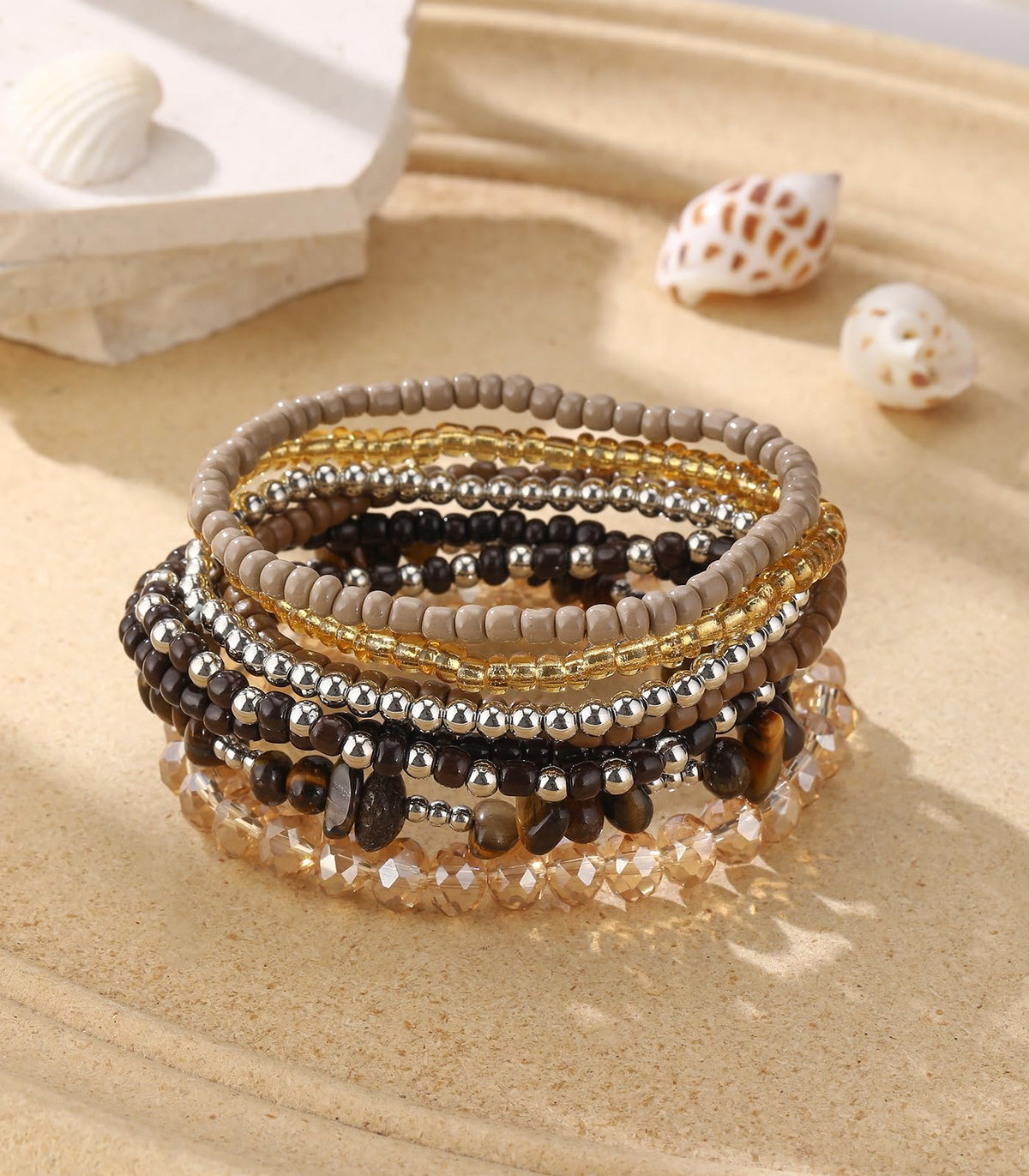 Noessla Boho Beaded Bracelets for Women Stackable Irregular Natural Stone Bead Stretch Bracelet Set 8PCS Costume Jewelry Gifts for Her(Brown)