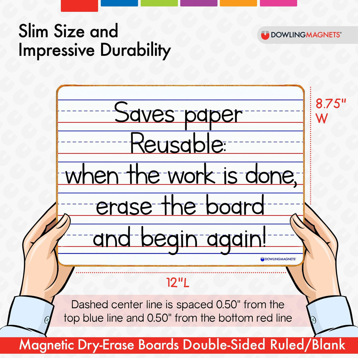 Dowling Magnets Magnetic Dry-Erase Boards – Double-Sided Ruled/Blank – 12" Long x 8.75" Wide – Pack of 5. (735206), White