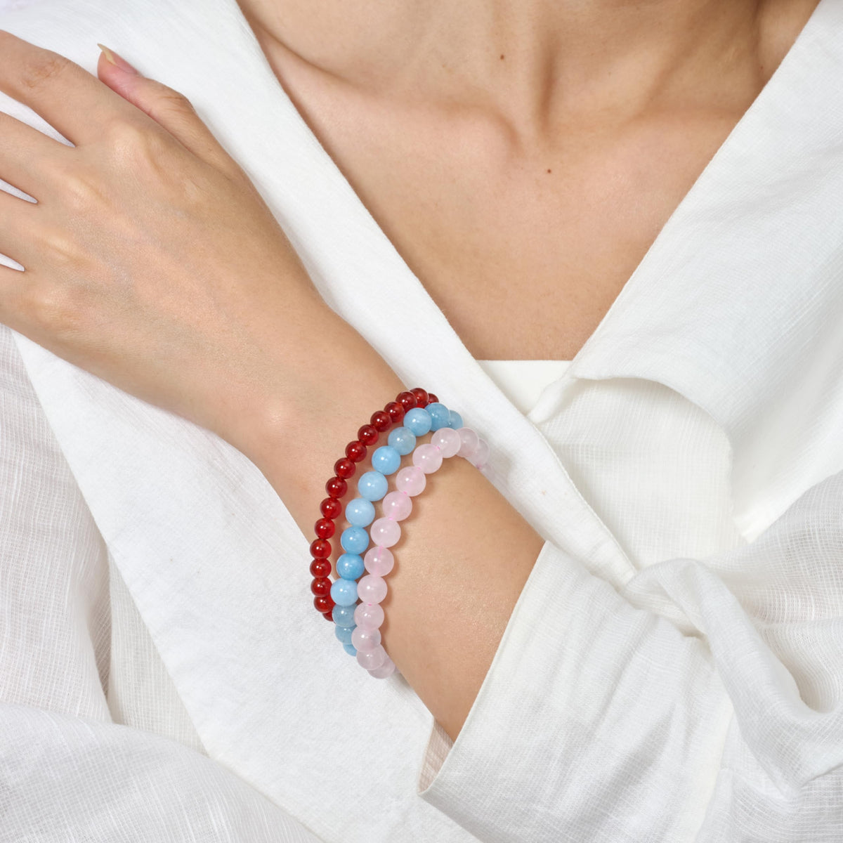 Bivei 3-Piece 8mm Beaded Bracelets for Women – Carnelian, Aquamarine, Rose Quartz – Handmade Natural Crystal Stretch Elastic Jewelry for Meditation, Yoga, Protection Gifts