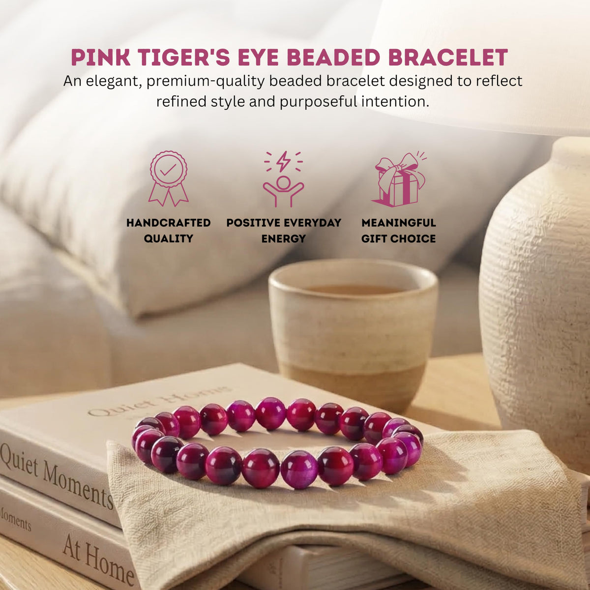 Cherry Tree Collection Pink Tiger's Eye Beaded Bracelet – Genuine 8mm Gemstone Stretch Bracelet for Men & Women – Handmade Crystal Bracelet - (Pink Tiger's Eye - S)