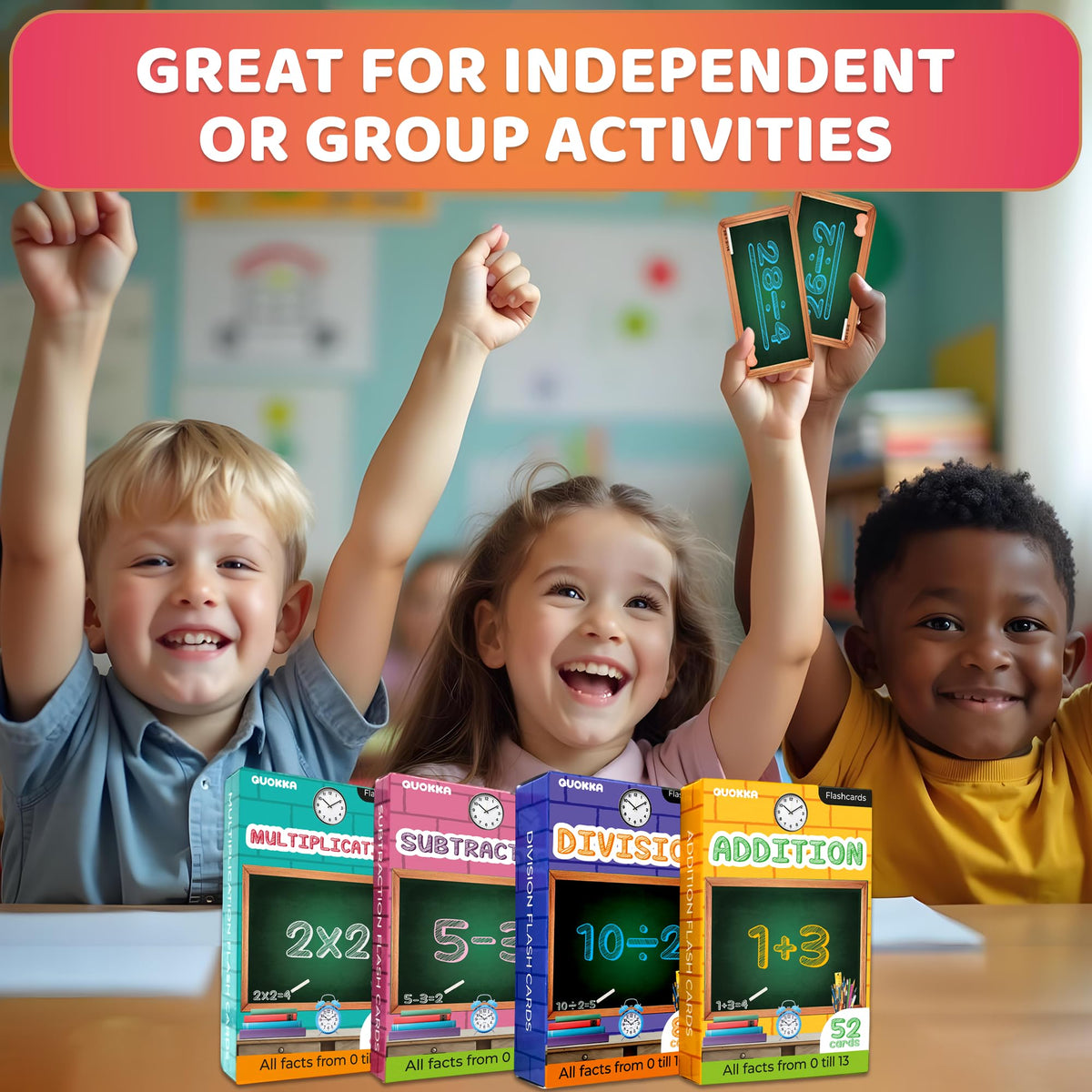 QUOKKA Math Flash Cards for Kids Ages 4-8 - Addition and Subtraction, Multiplication and Division Games for Kids 5-7 - 278 Double-Sided Flashcards for Studying - Large Bold Fonts - Flash Card Rings