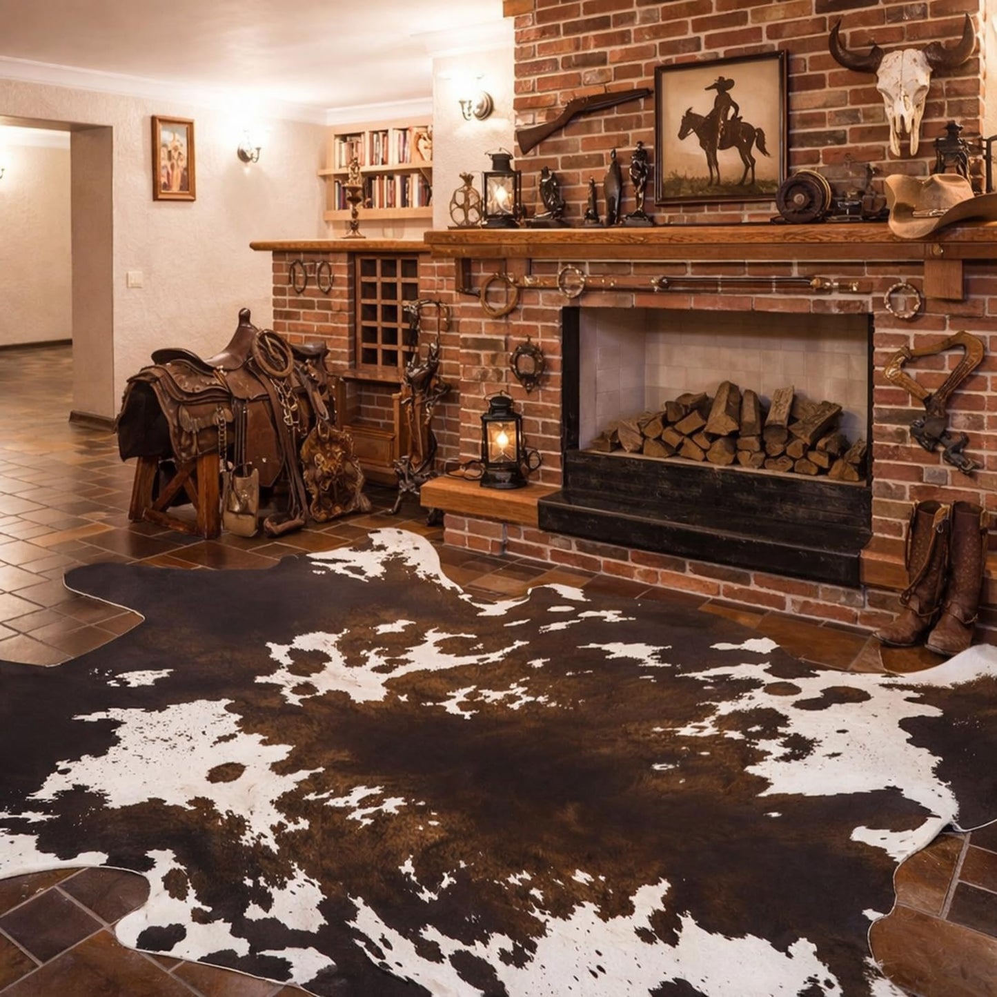Breling 59" x 79" Western Party Decoration Faux Cowhide Rug Western Animal Flannel Cow Print Rug Farmhouse Rustic Home Decor for West Theme Birthday Party Supplies Bedroom Decor(Brown,Elegant Style)
