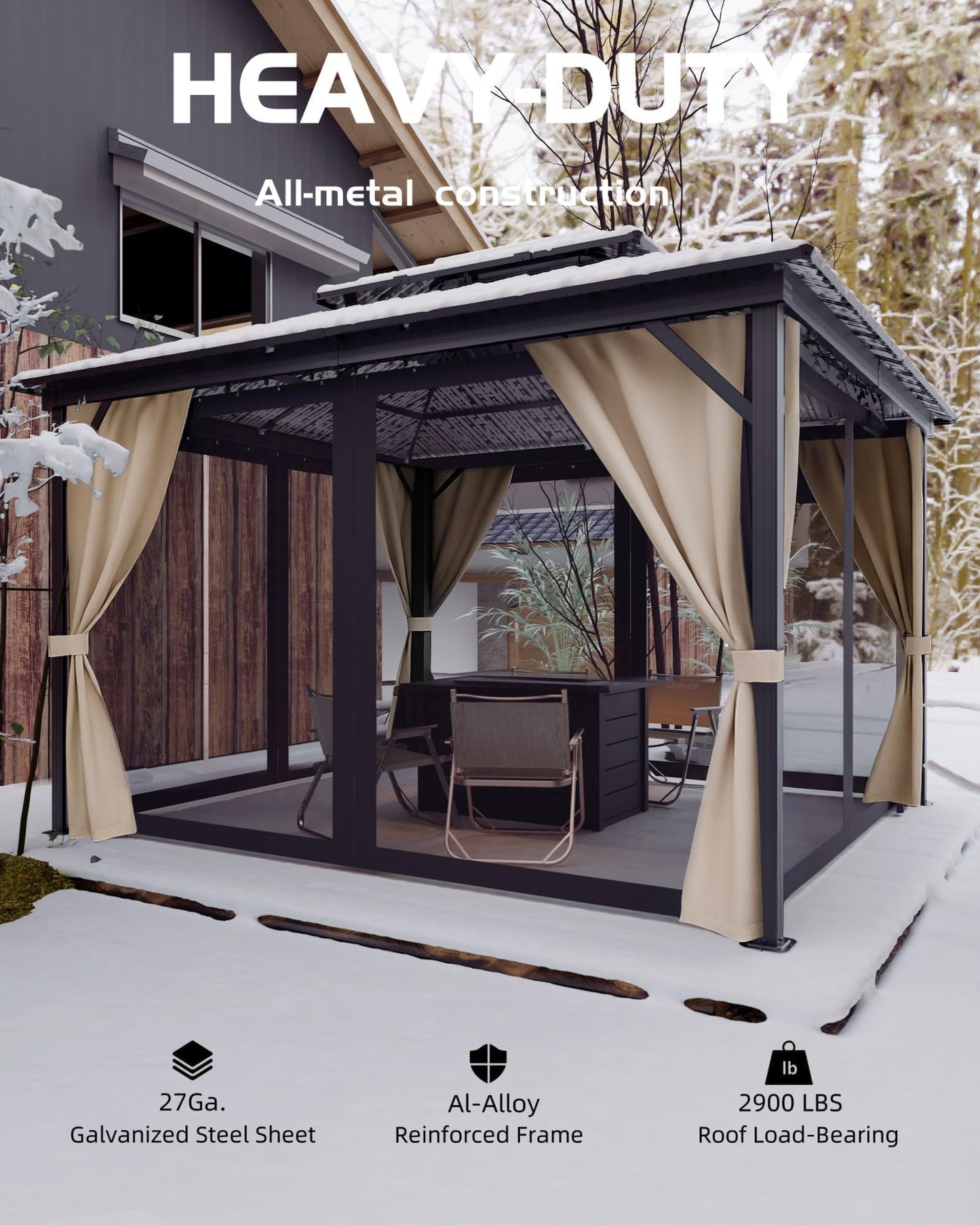 12'X14' Hardtop Gazebo, Metal Double Roof Aluminum Gazebos with Curtain and Netting, Permanent Galvanized Steel Pavilion, Heavy Duty Poles for Patio, Deck, Backyard, Lawn, Garden, Brown
