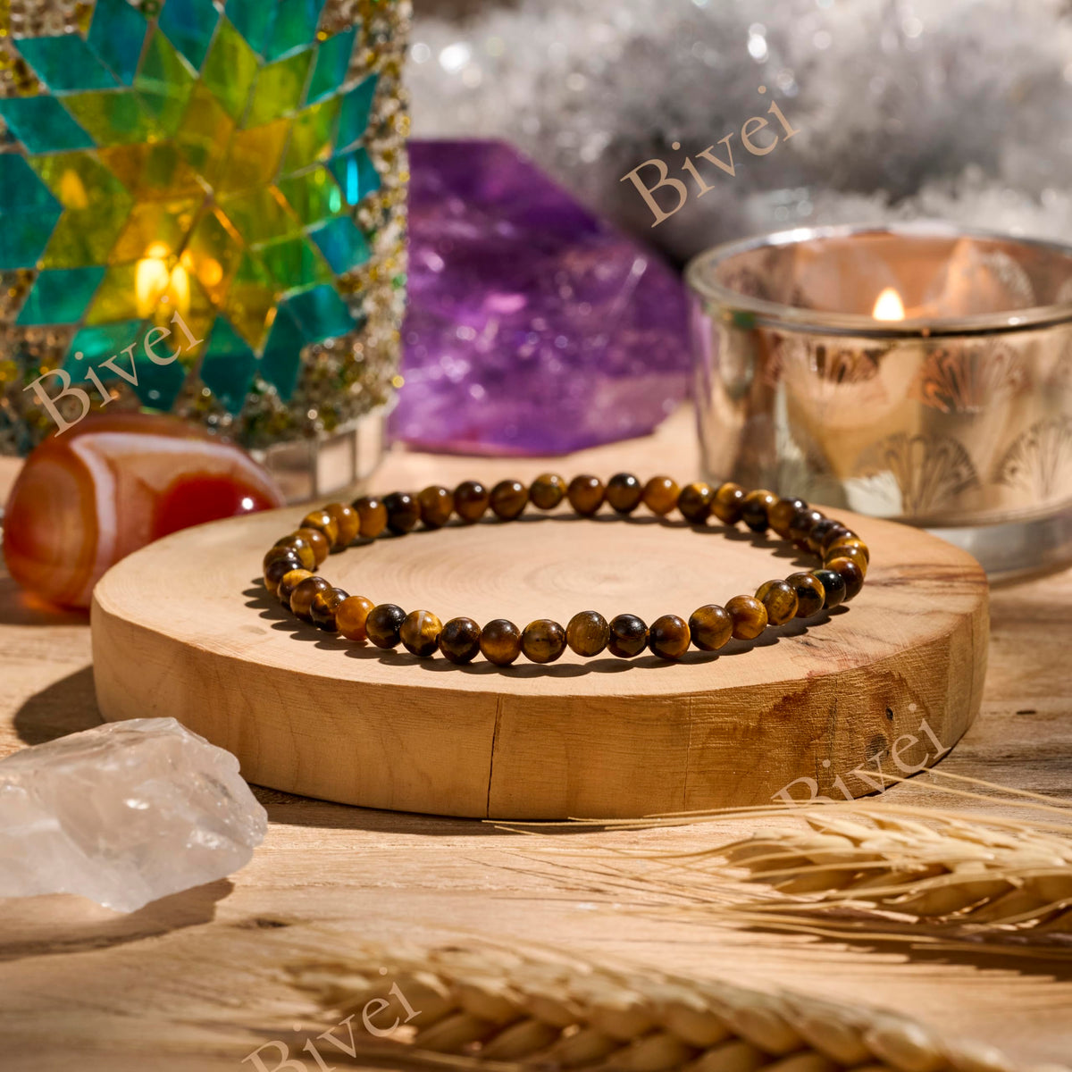 Bivei Tiger Eye - Empowering - 4mm Beaded Bracelets for Women Handmade Semi Precious Natural Stone Stretch Elastic Jewelry Yoga Protection Gifts Small
