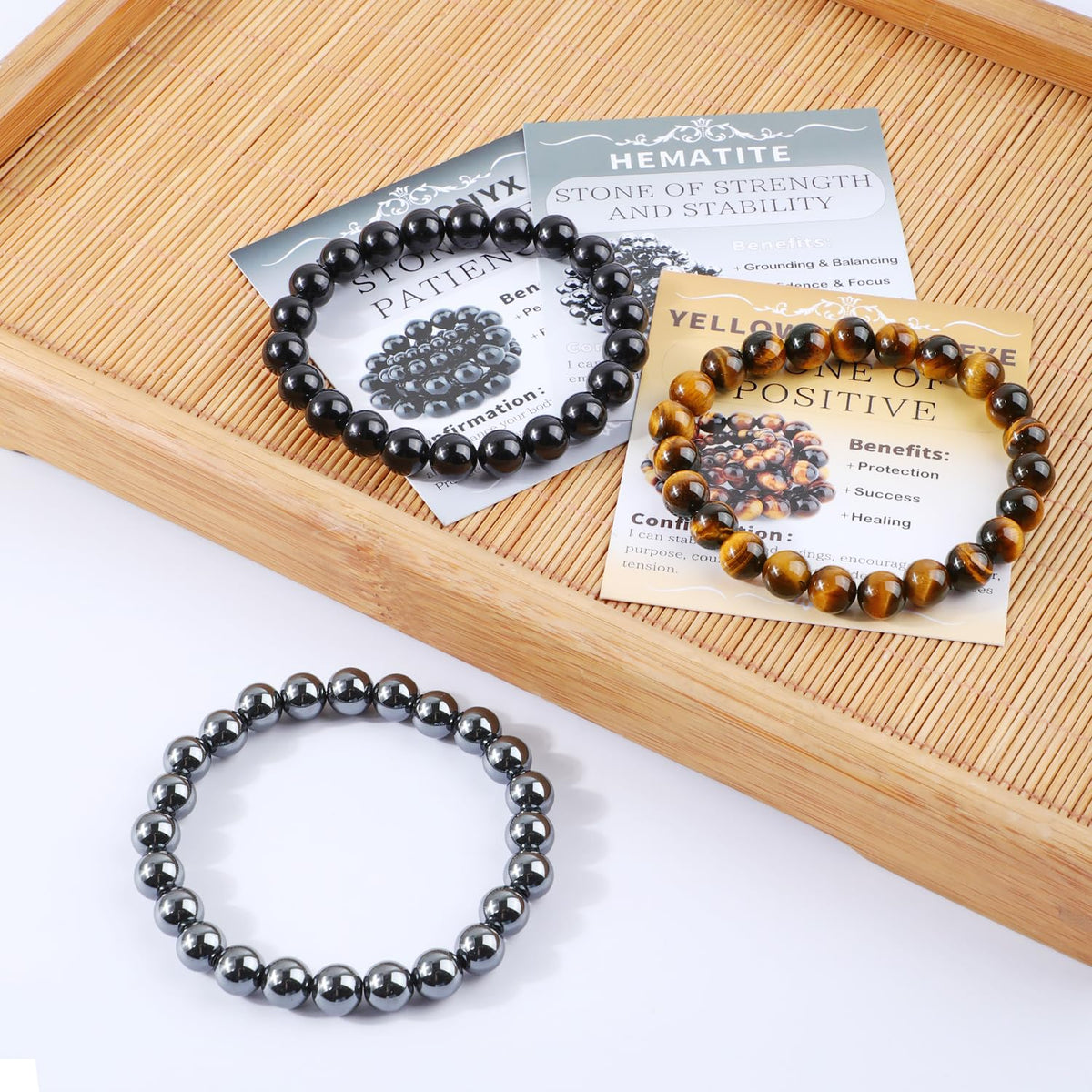 NCB 3-Piece 6mm Natural Crystal Gemstone Stretch Bracelets – ﻿Black Onyx, Hematite, Yellow Tiger's Eye Handmade Reiki Energy Healing Jewelry for Meditation,Yoga, Unisex