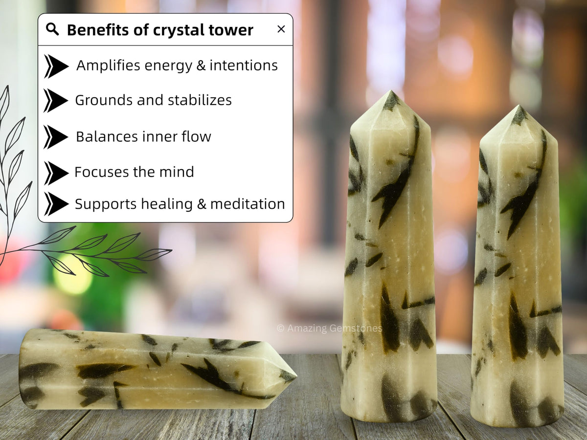 Amazing Gemstone Green Tourmaline in Quartz Crystal Towers - Natural Healing Crystal Point Obelisk for Reiki Healing and Crystal Grid (3" to 4" INCH)