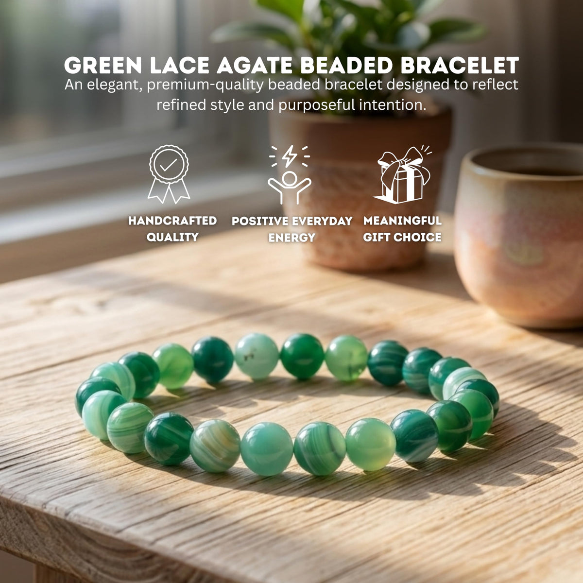 Cherry Tree Collection Lace Agate Green Beaded Bracelet – Genuine 8mm Gemstone Stretch Bracelet for Men & Women – Handmade Crystal Bracelet - (Lace Agate Green - M)