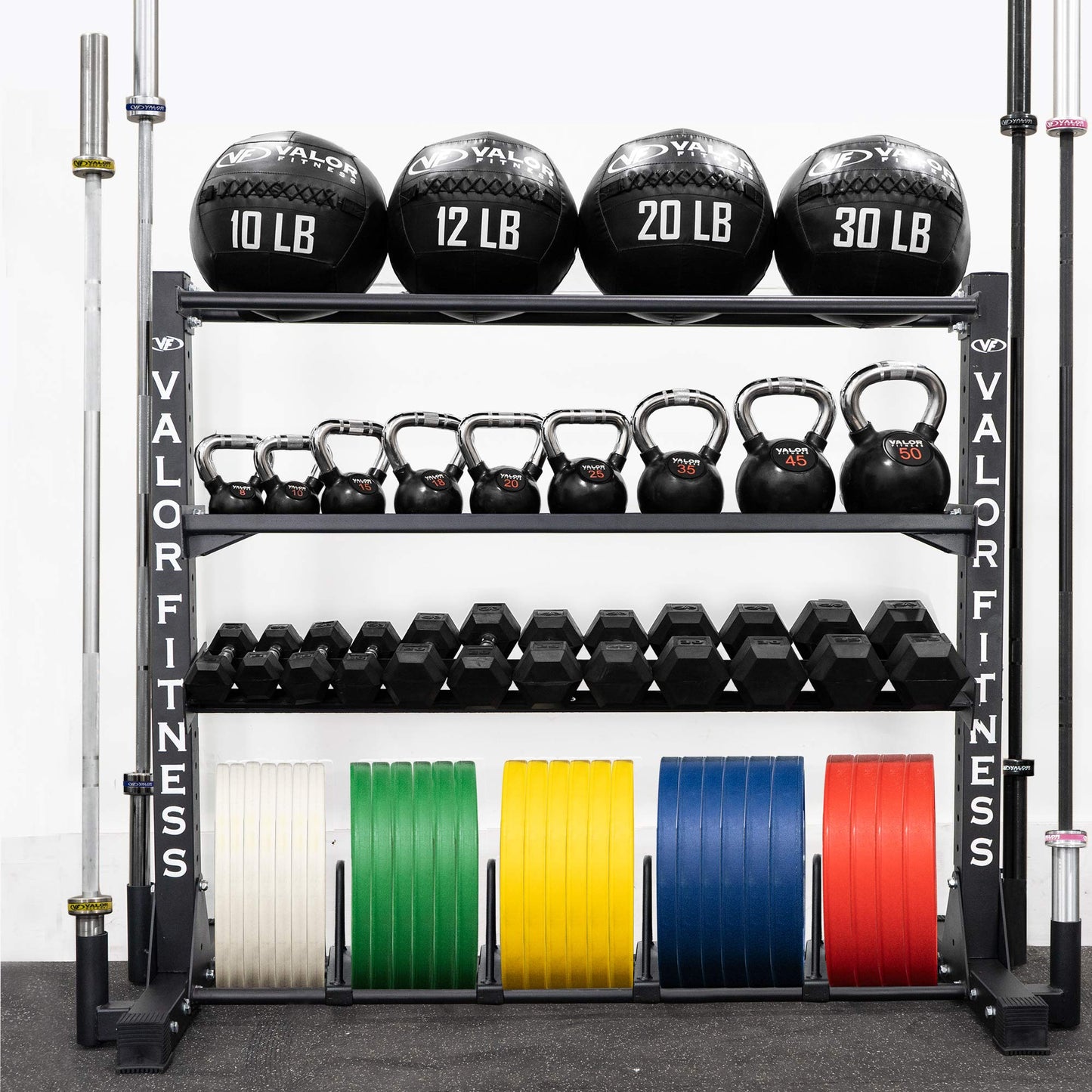 Valor Fitness Heavy Duty 4-Tier Gym Equipment Storage Rack – Organize Kettlebells, Dumbbells, Medicine Balls, Bumper Plates & 4 Barbells, 1200 lb Capacity for Home Gym Sports Equipment Organizer