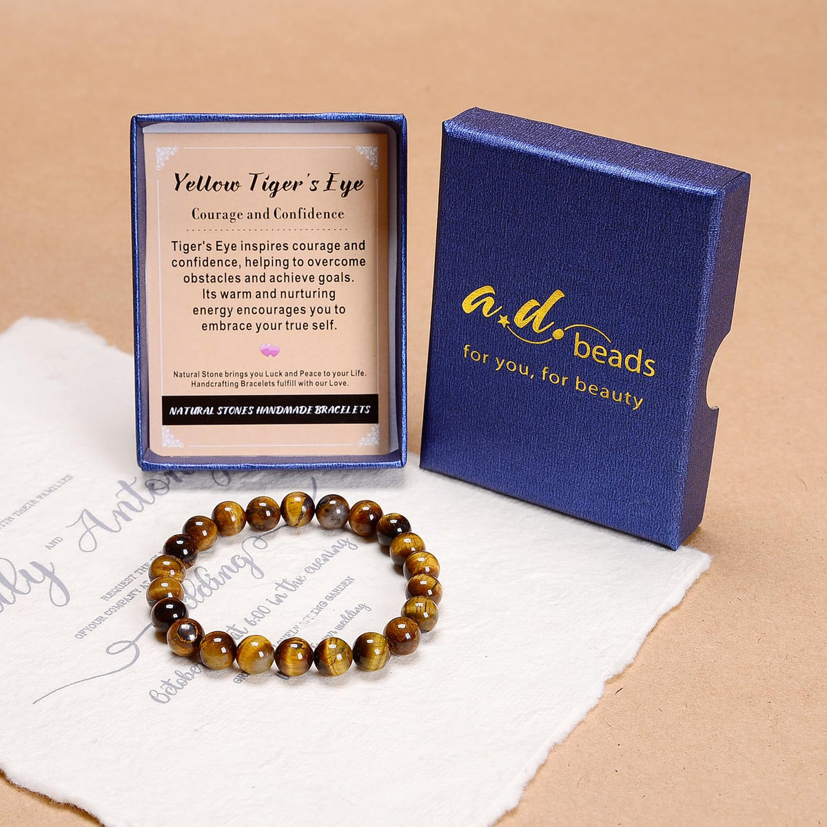 AD Beads Handmade Gemstone Stretch Elastic Bracelet Crystal Healing Reiki Nature's Beauty and Spiritual Essence Unisex (4mm, Yellow Tiger's Eye)
