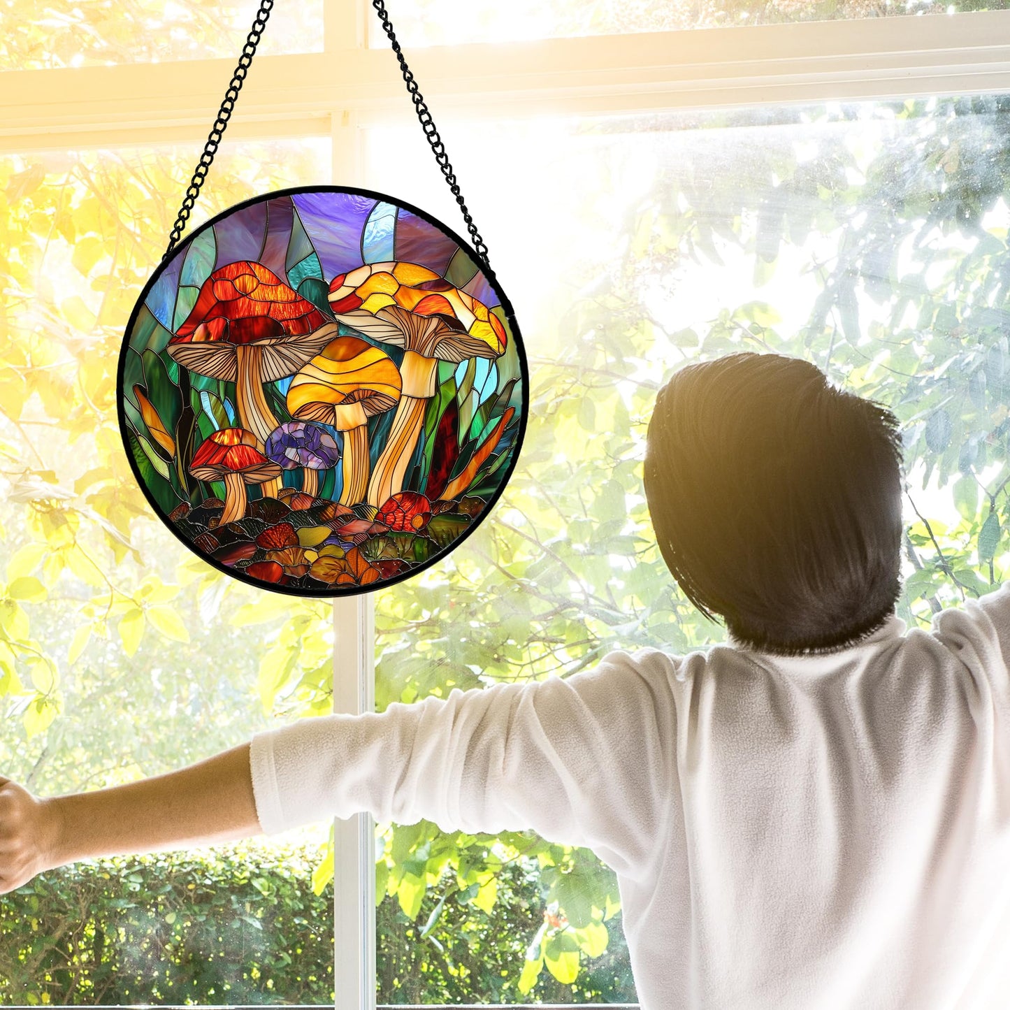 DASTOLL Stained Glass Window Hanging, Jungle Mushrooms Sun Catchers Diamond Glass Panel Hangings Plant Suncatcher Decor for Birthday for Women, Men, Wife, Aunt, and Mom 7.8 in
