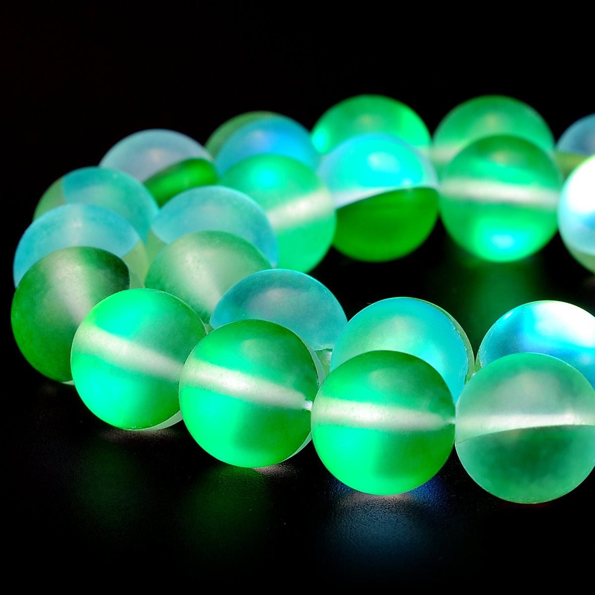 RUBYCA 8mm Round Moonstone Matte Crystal Glass Beads Aura for Jewelry Making Green, 1 Strand