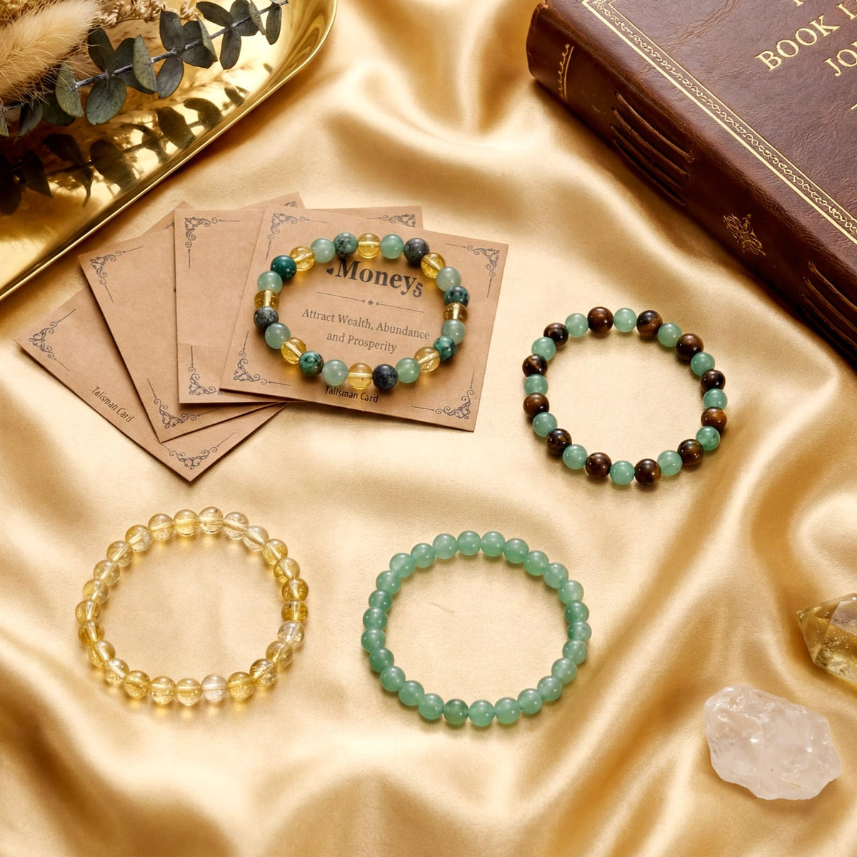 Kingdder 4 Set Wealth Money Bracelets Cards Set for Women Men Natural Healing Crystal Wealth Attraction Feng Shui Good Luck Bracelet for Spiritual Friend Birthday Holiday Jewelry Gifts