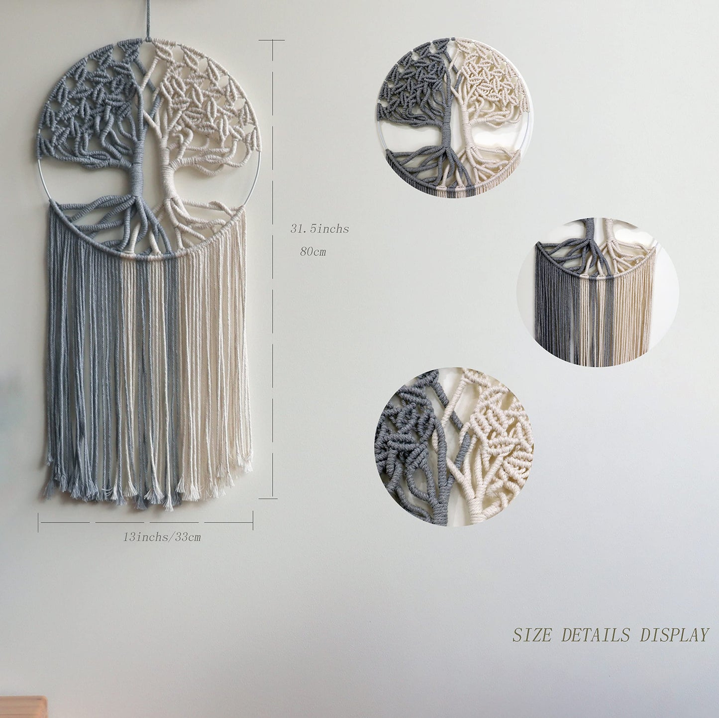 GUKALYLY Tree of Life Macrame Wall Hanging,Chic Handmade Woven Boho Home Décor,Eclectic Wall Decor for Bedroom Nursery Apartment Dorm Decoration,Gift for Teen Girl Mom(13" W X 31.5" L) (Grey&White)