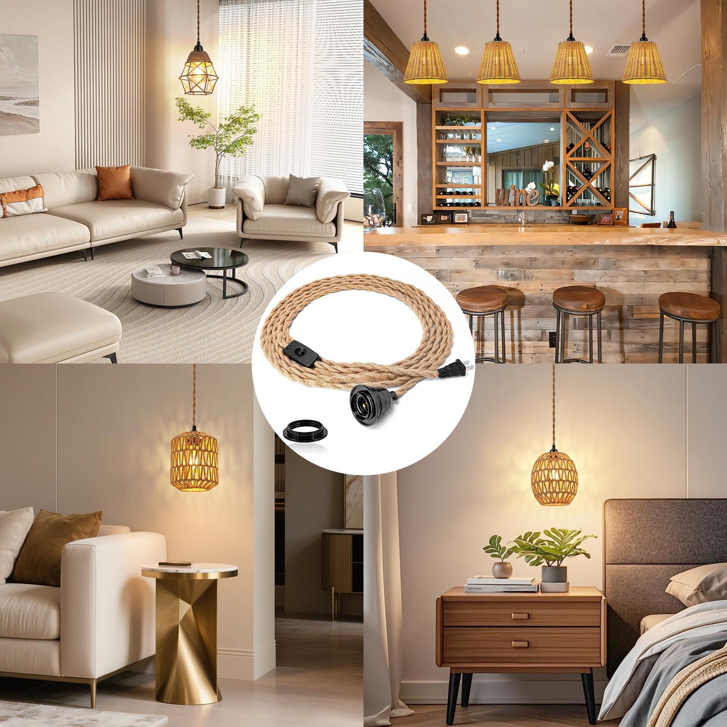 Plug in Pendant Light Cord - 15FT Industrial Hanging Light Kit, Hanging Lights with Plug in Cord With 15FT Hemp Rope, Hanging Lamp Kit with On/Off Switch,E26 E27 Light Socket, Bulb NOT Included