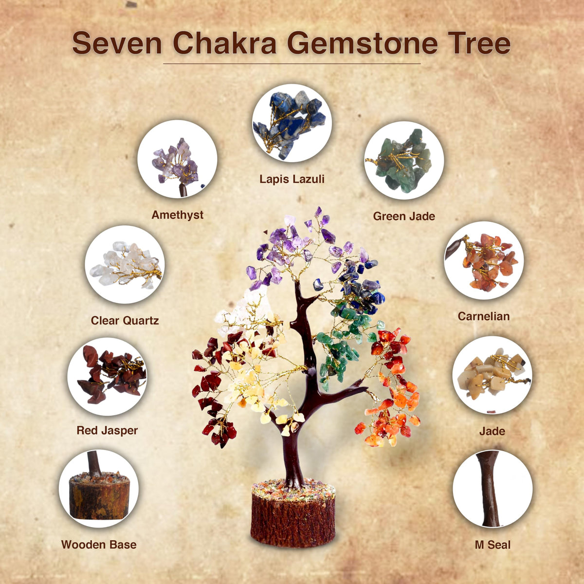 Wonder Care WC 7 Chakra Tree for Positive Energy Home Decorations and Healing Crystal Tree with M-Seal & Golden Wire | Money Tree | Crystal Decor | Multi Crystal | Feng Shui Decor (150 Beads)