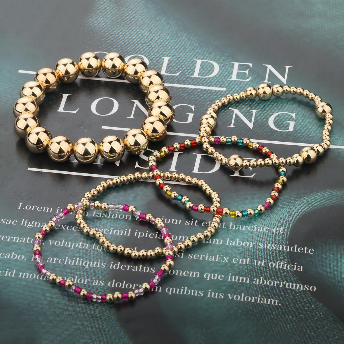 Qiuseadu Chunky Gold Beaded Stack Bracelets Beads Ball Cross Colorful Statement Bracelets Set for Women (Pink Bead Edition)