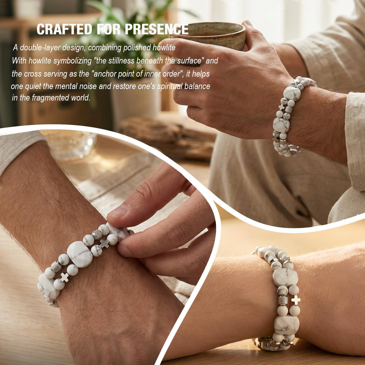 Christian Gifts for Men, Jesus Cross Bracelet for Men Handmade Double Elastic Beaded Bracelets Natural Crystal Gemstone Religious Jewelry for Boyfriend Husband Birthday Anniversary (Howlite)