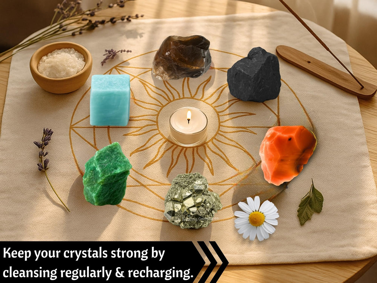 Amazing Gemstone Crystals for Workplace Manifestation, Set of 6 Green Aventurine, Smoky Quartz, Shungite, Carnelian, Pyrite and Amazonite Healing Crystals and Stones
