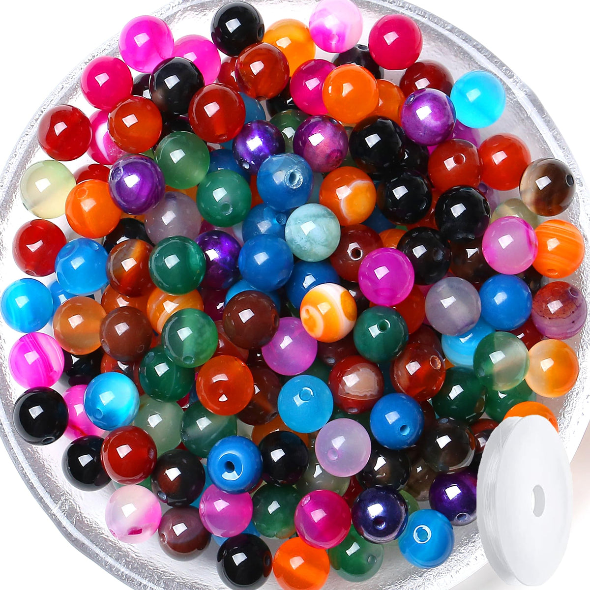 QINJIEJIE 100pcs Colorful Agate Stone Beads - 8mm Round Loose Gemstone Stone Beads for DIY Bracelet, Necklace, Earrings & Jewelry Making