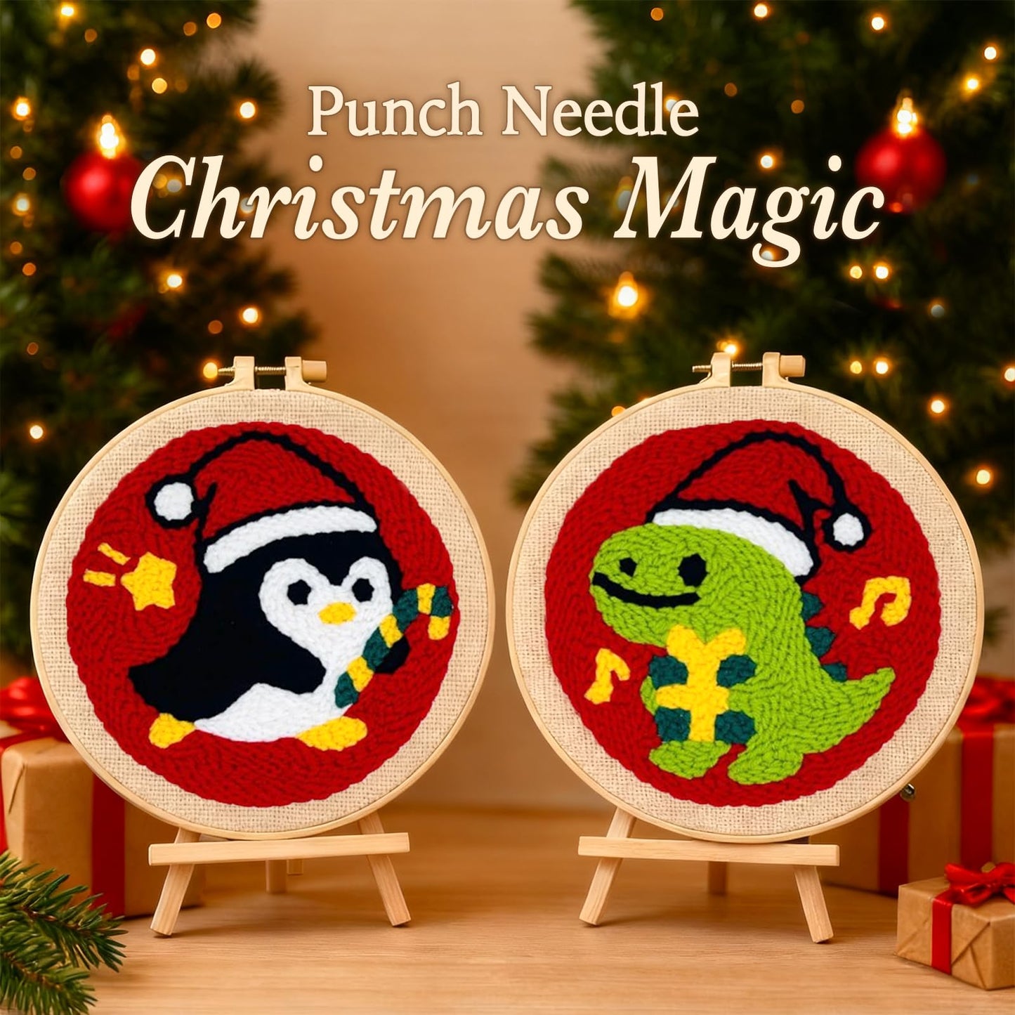 Christmas Punch Needle Kit for Adult Beginner, Easy Punch Embroidery Starter Set with Instruction, Fun DIY Needle Point Craft for Home Decor & Holiday Gift Idea(2pcs Dino & Penguin)