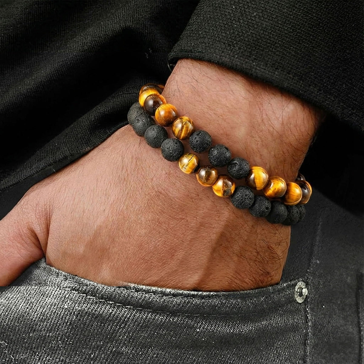 SFPJTL To My Son Gifts from Mom Dad - Natural Tiger Eye & Lava Rock Bracelets Set (2-Pack) for Men - Anxiety Stress Relief & Inspirational Graduation 18th 21st Birthday Gift for Him - Adjustable Beaded Jewelry