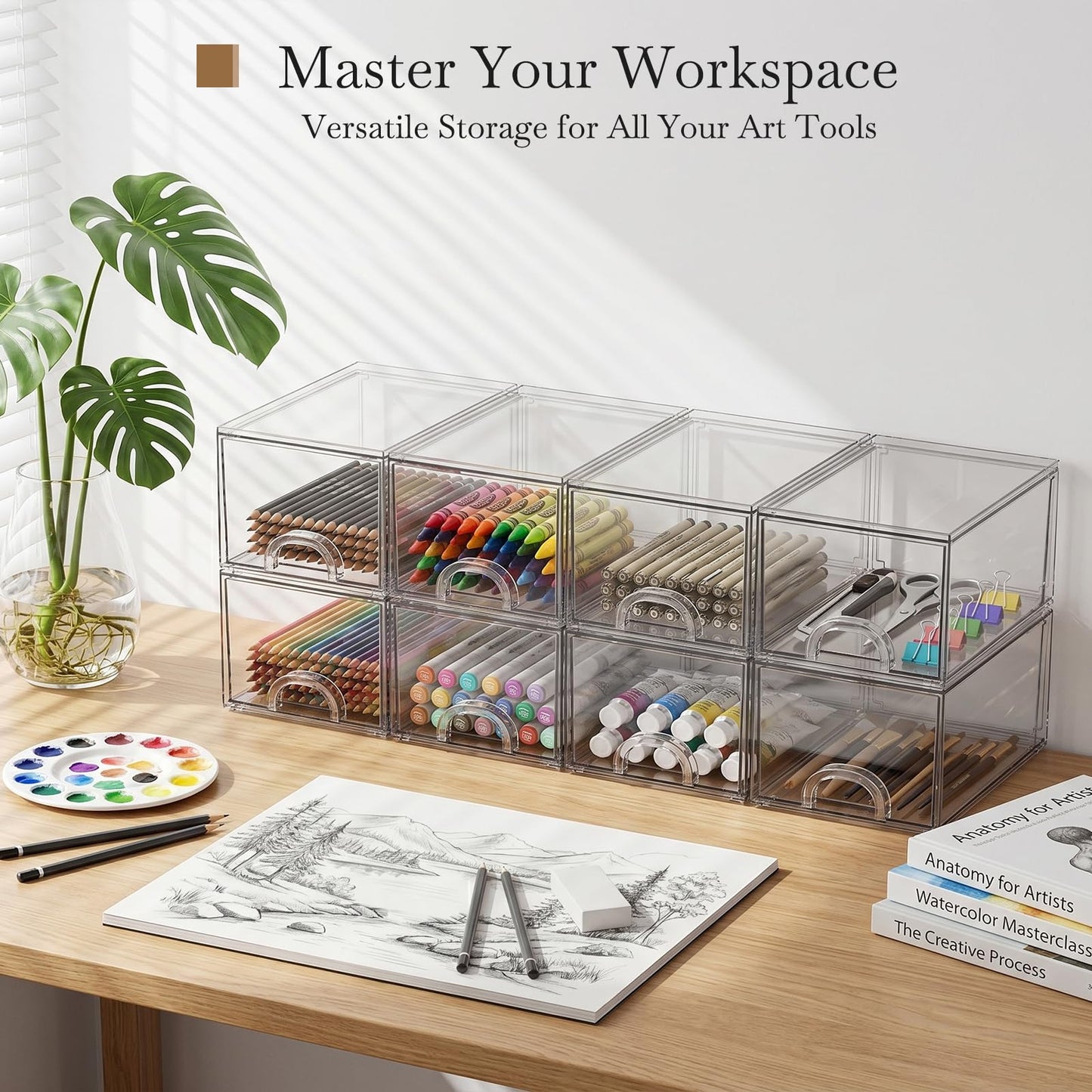 Zeawec 8 Pack Small Clear Stackable Acrylic Storage Boxes for Art Tool & Sketch, Storage Drawers, Storage Organizer, Clear Plastic Makeup Organizer, Ideal for Vanity, Cabinet, Desk Organization
