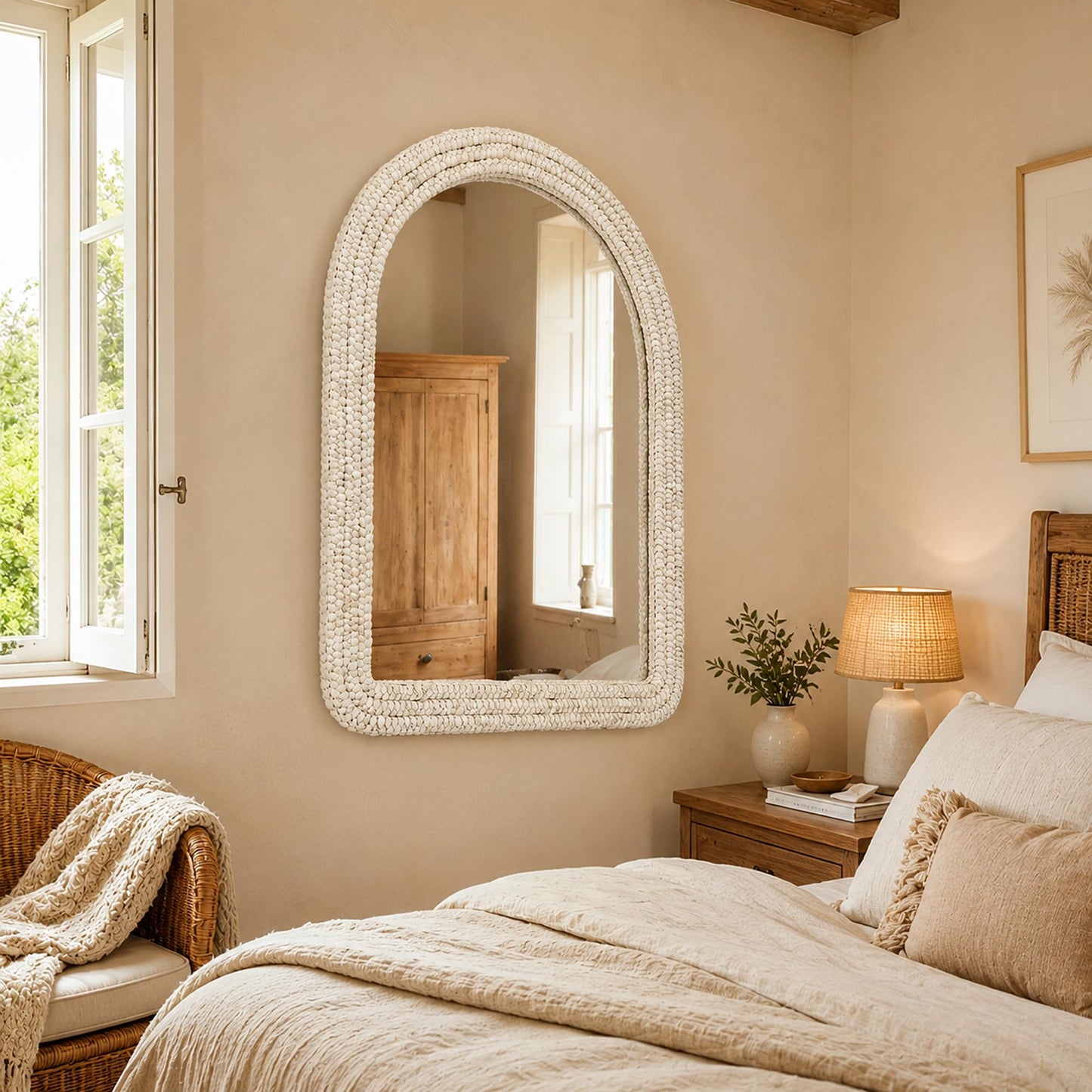 CAVINHOME 30" x 40" Arched Wall Mirror, Handwoven Natural Corn Husk Fiber with Light Whitewashed Finish, Warm Boho Coastal Style for Entryway, Bedroom, Living Room, Vertical Hanging
